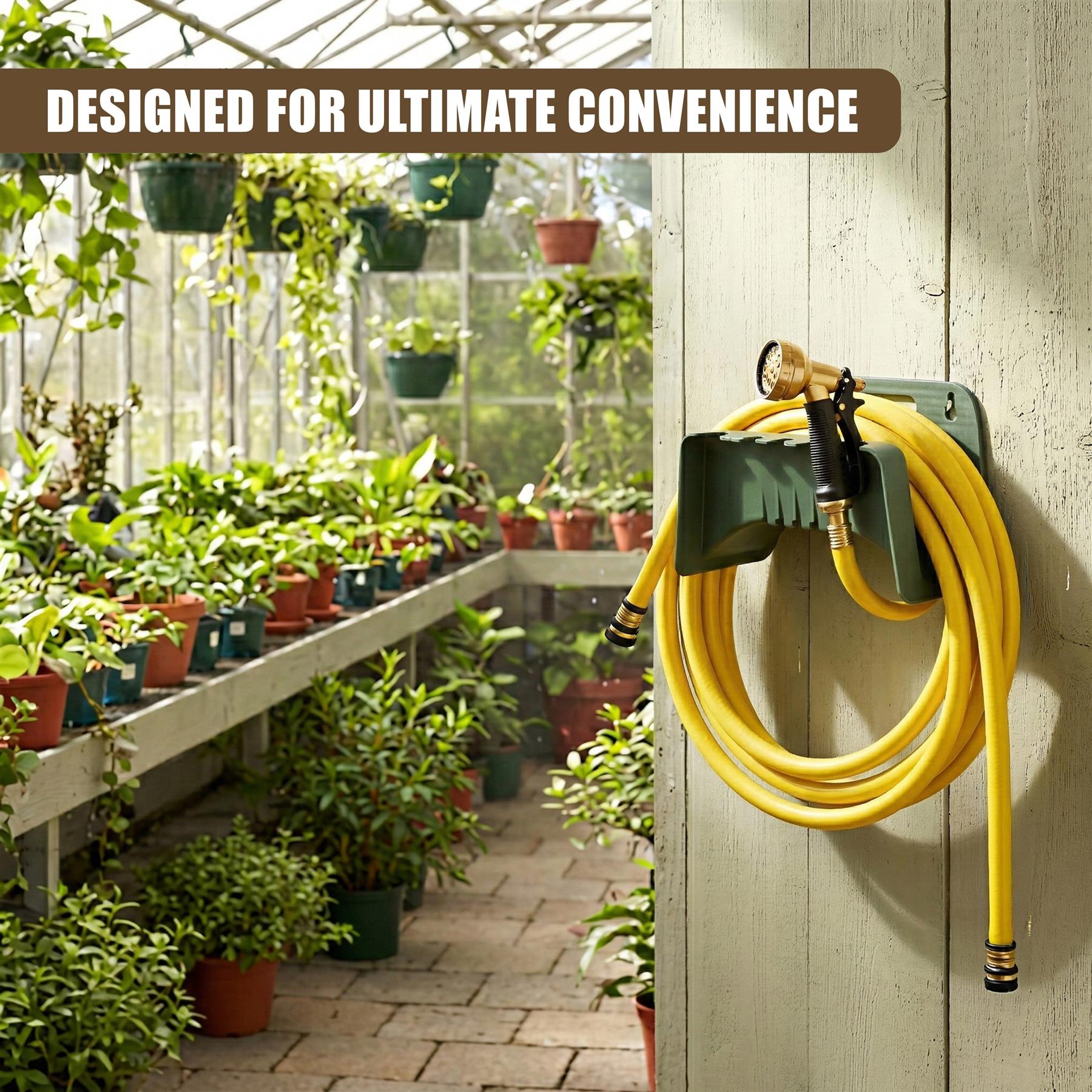 A yellow garden hose is coiled around a dark green metal holder mounted on a light wood wall.