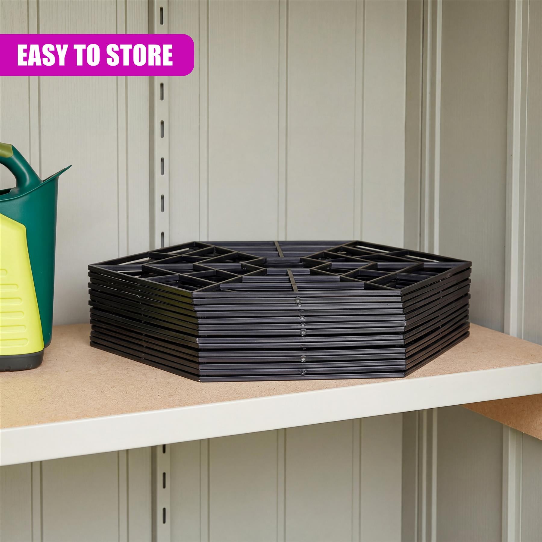 A stack of black, hexagonal plastic pieces rests on a shelf, suggesting pond or aquatic use.
