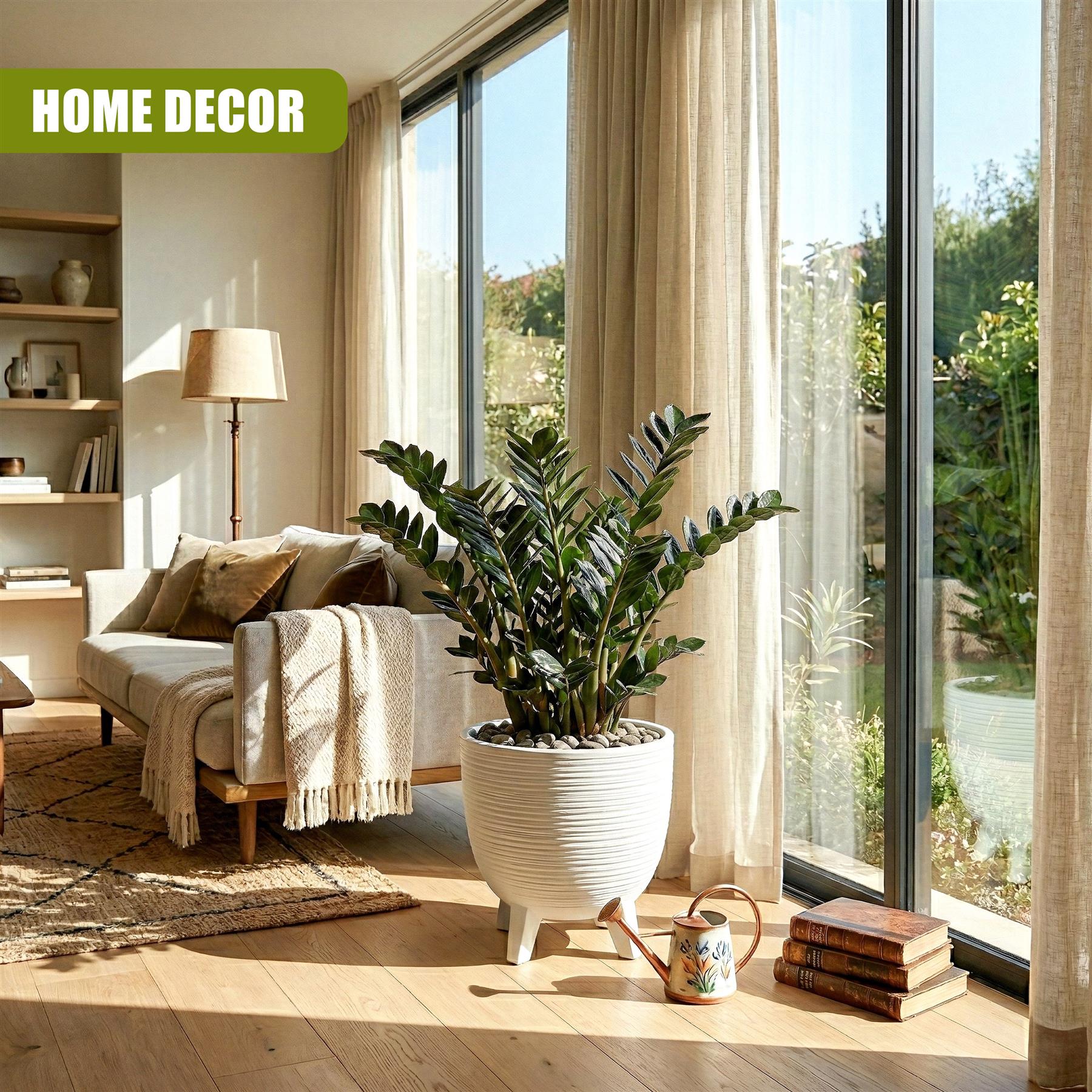 Large white flower pot with legs holding a tropical plant, positioned near books and a can.