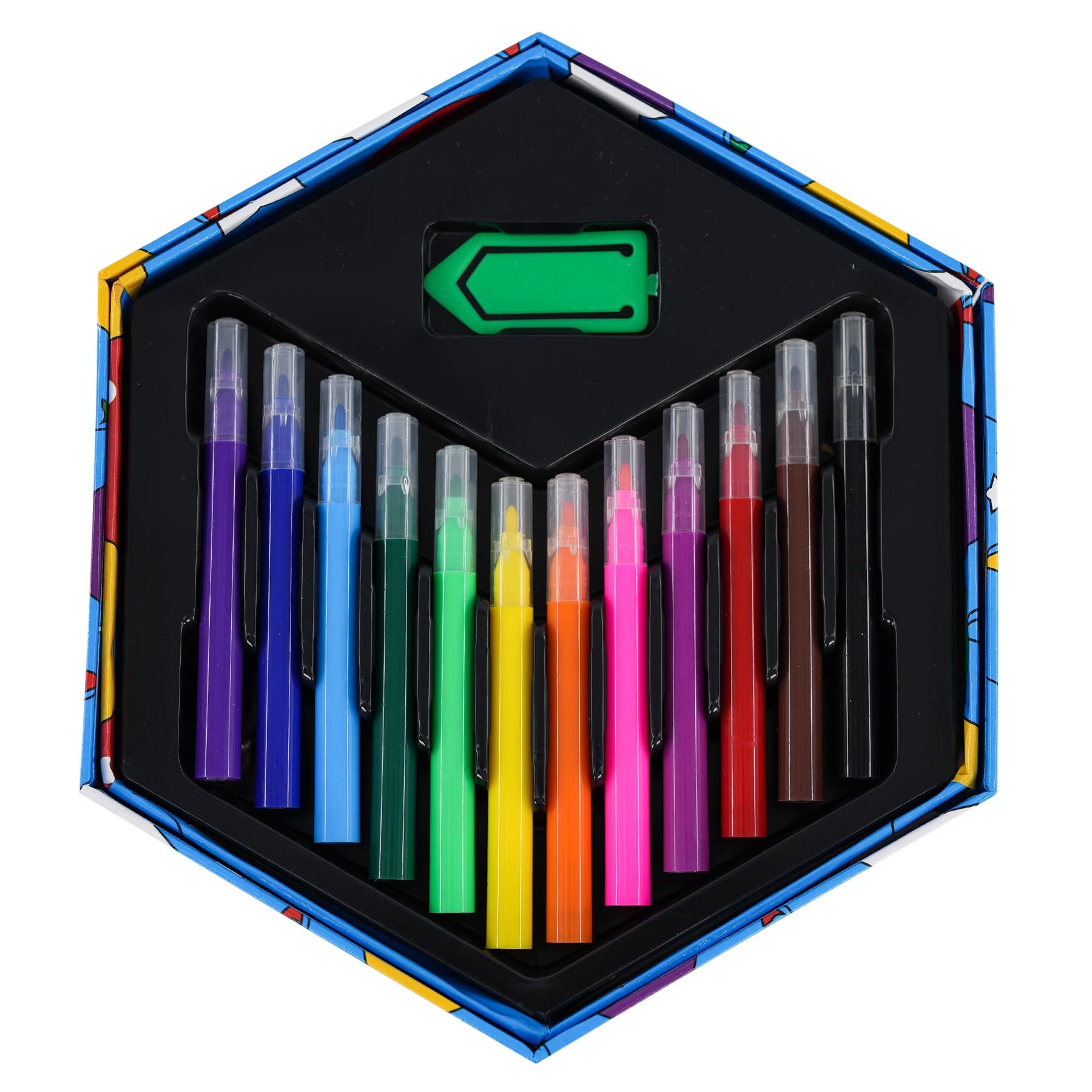 Open hexagonal art case holding multiple colored markers, including purple, blue, and green shades.