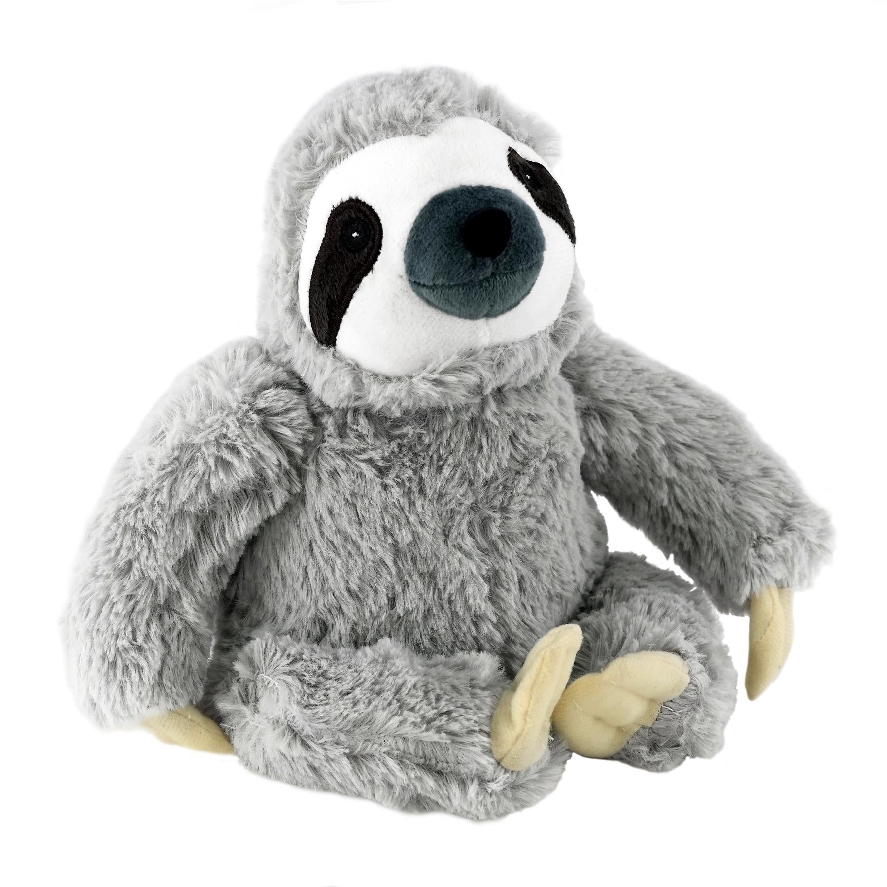 A soft, grey plush sloth with a white face, blue eyes, and a long, grey, fuzzy body. The sloth has a black nose and two black, crescent-shaped eyes. Its arms are stretched out, and its hands are turned outwards. The background is white. - The Magic Toy Shop