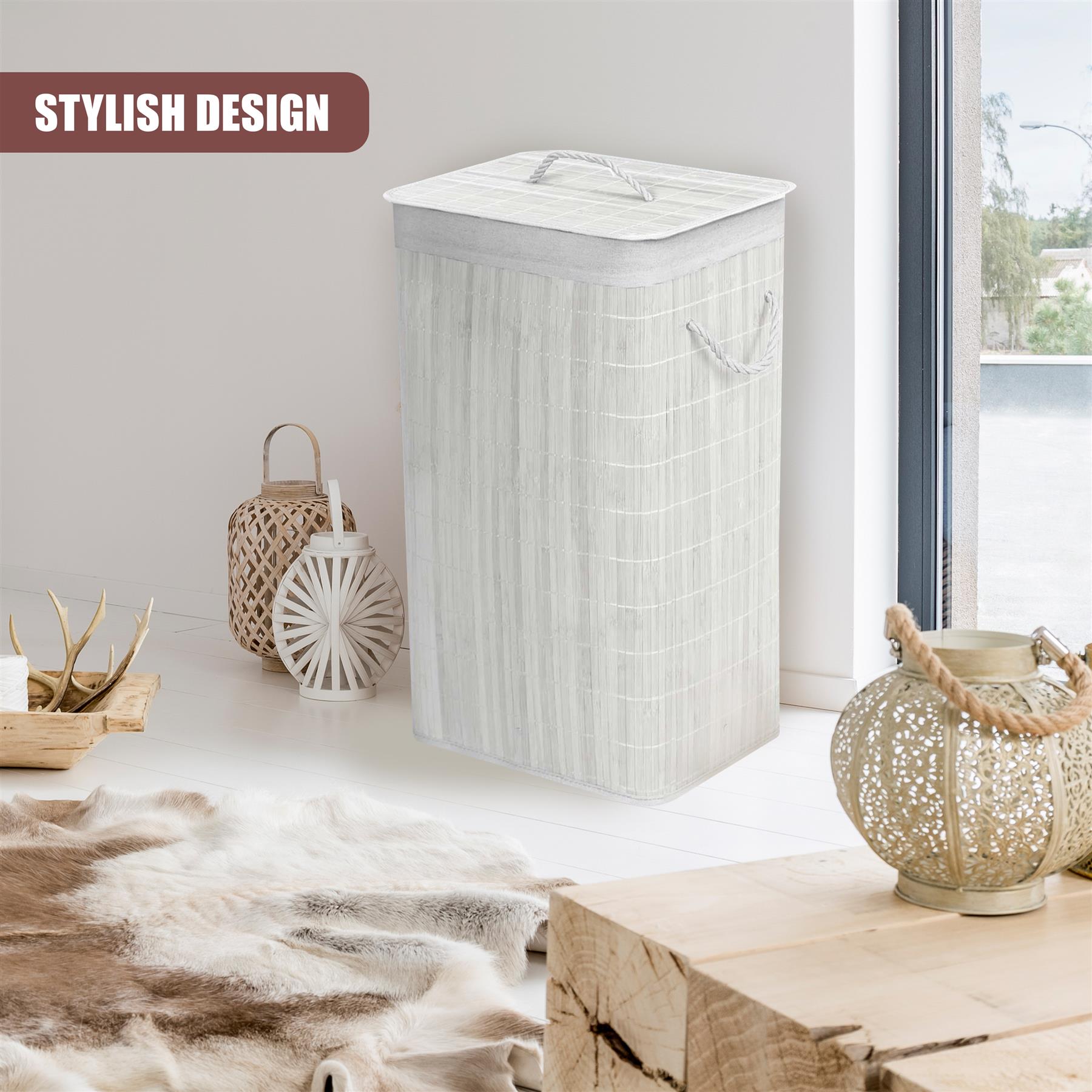 Rectangular Bamboo Laundry Hamper with Lid, White by GEEZY - The Magic Toy Shop