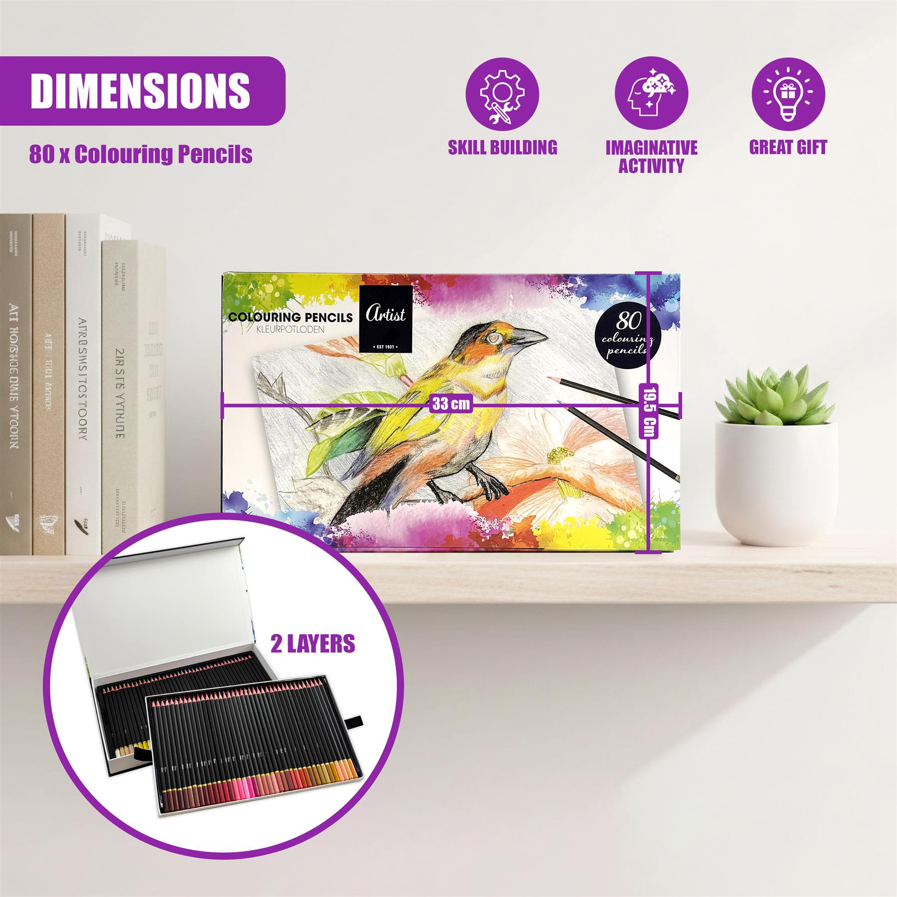 A box containing eighty colored pencils with art depicting a yellow songbird.