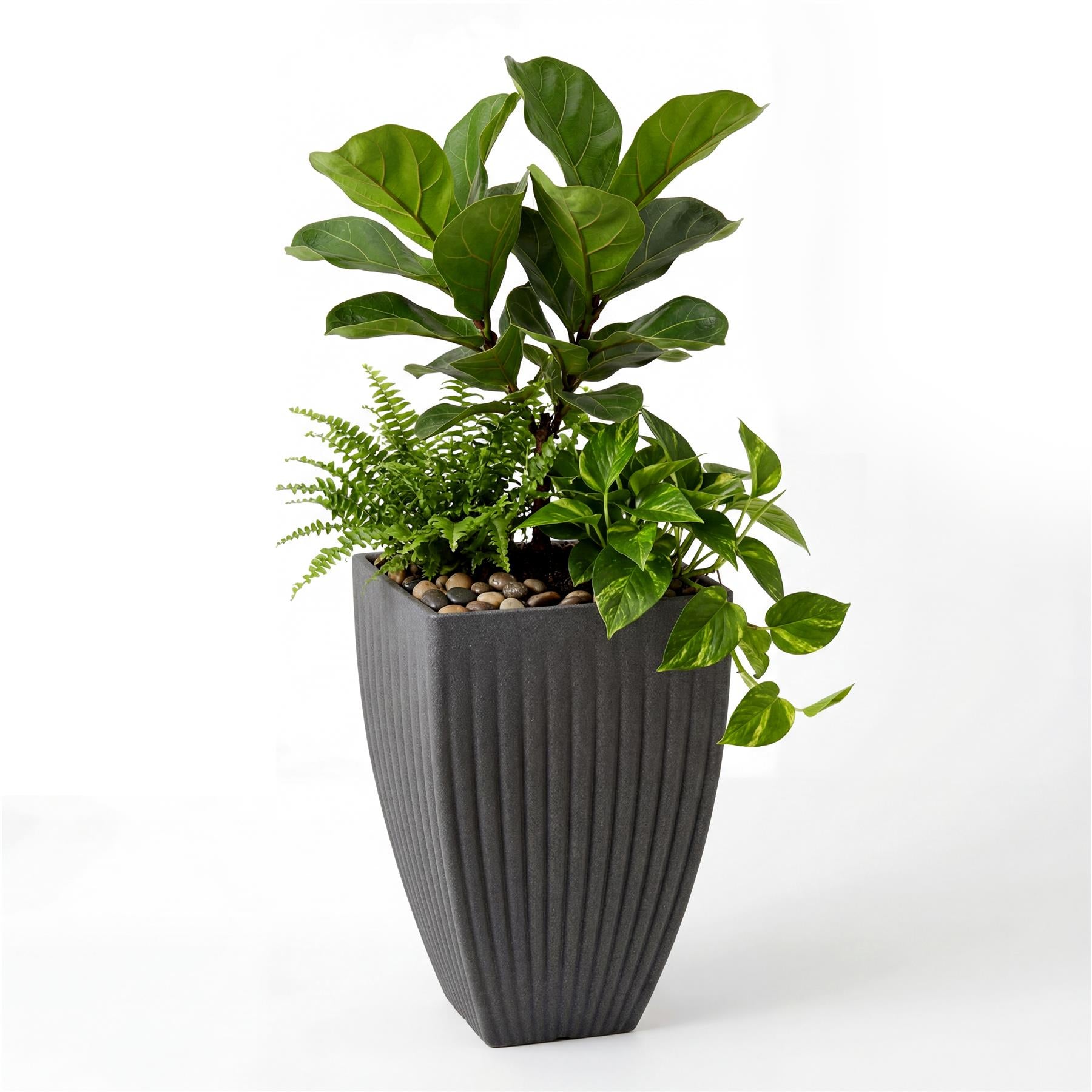 Tall, ribbed, dark gray planter holding a dense arrangement of various green foliage and decorative pebbles.