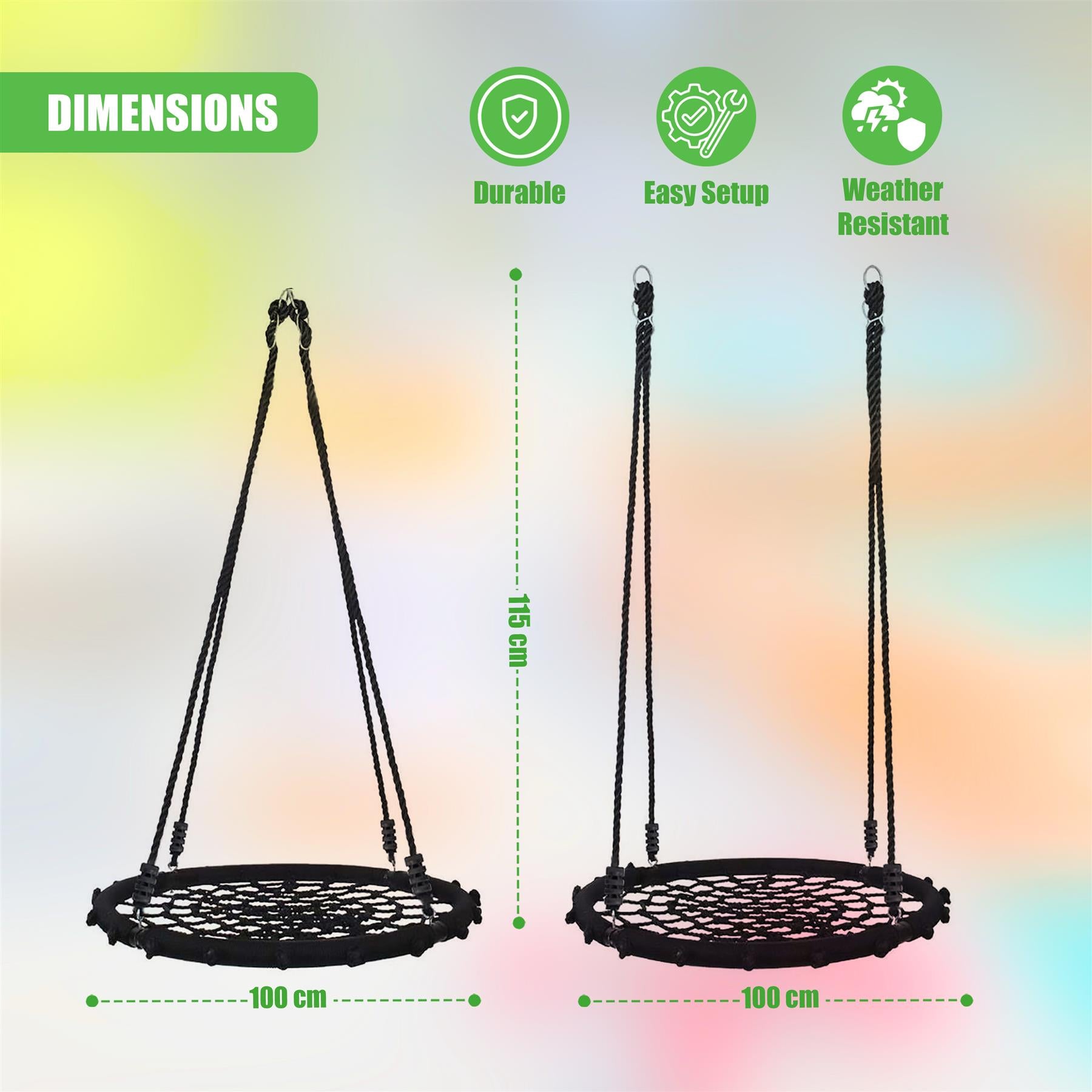 Diagram displaying a black rope nest swing with measurements for height and width.
