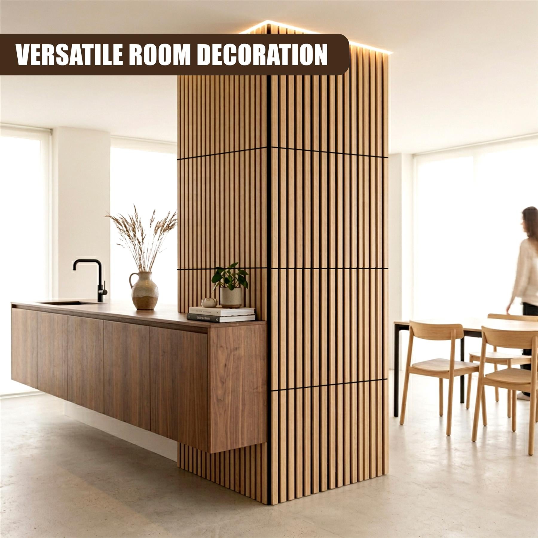 Slatted wooden panels create a large vertical wall section adjacent to a wooden console cabinet.