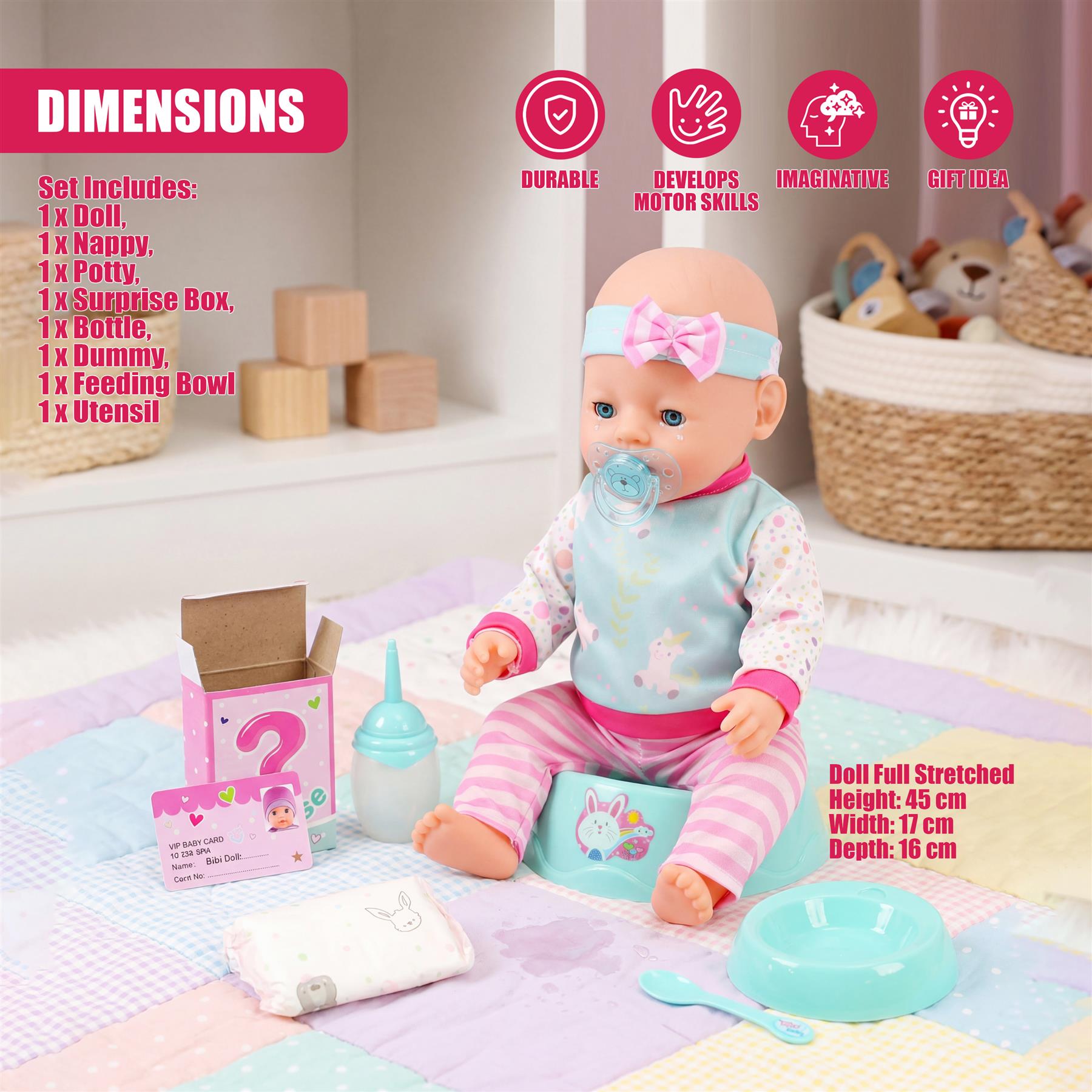 Doll seated with playset components, including a bottle, bowl, spoon, wipes, and various feeding accessories.