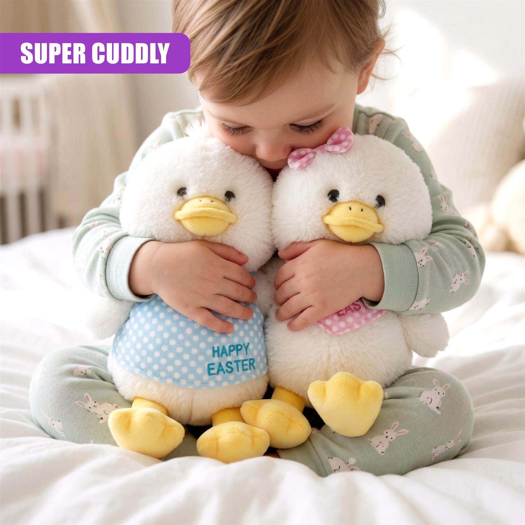 A child holding plush white chicks next to a third chick sitting on a patterned Easter blanket.