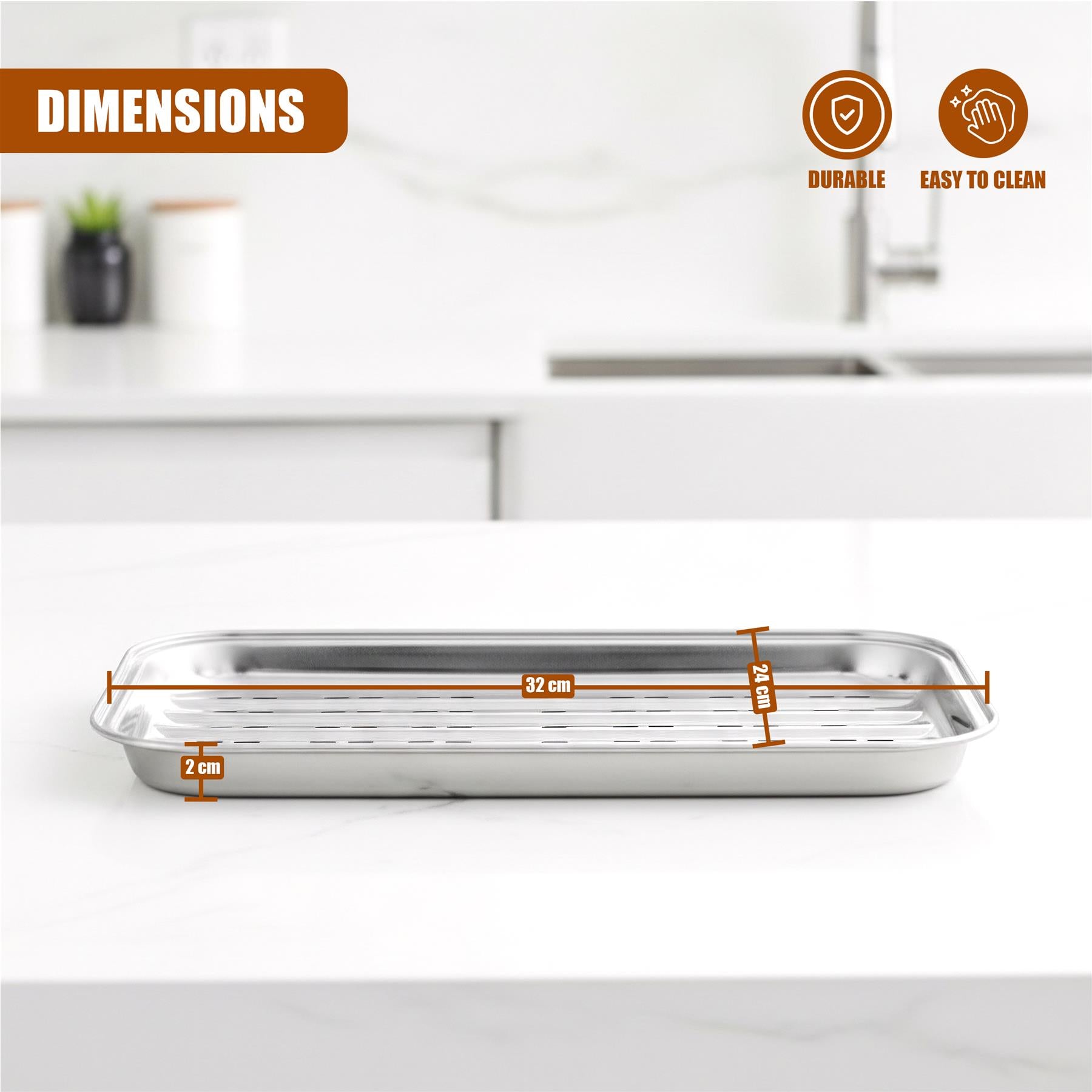 Dimensions diagram showing a rectangular metal grilling tray: 32 cm length, 24 cm width, and 2 cm depth.