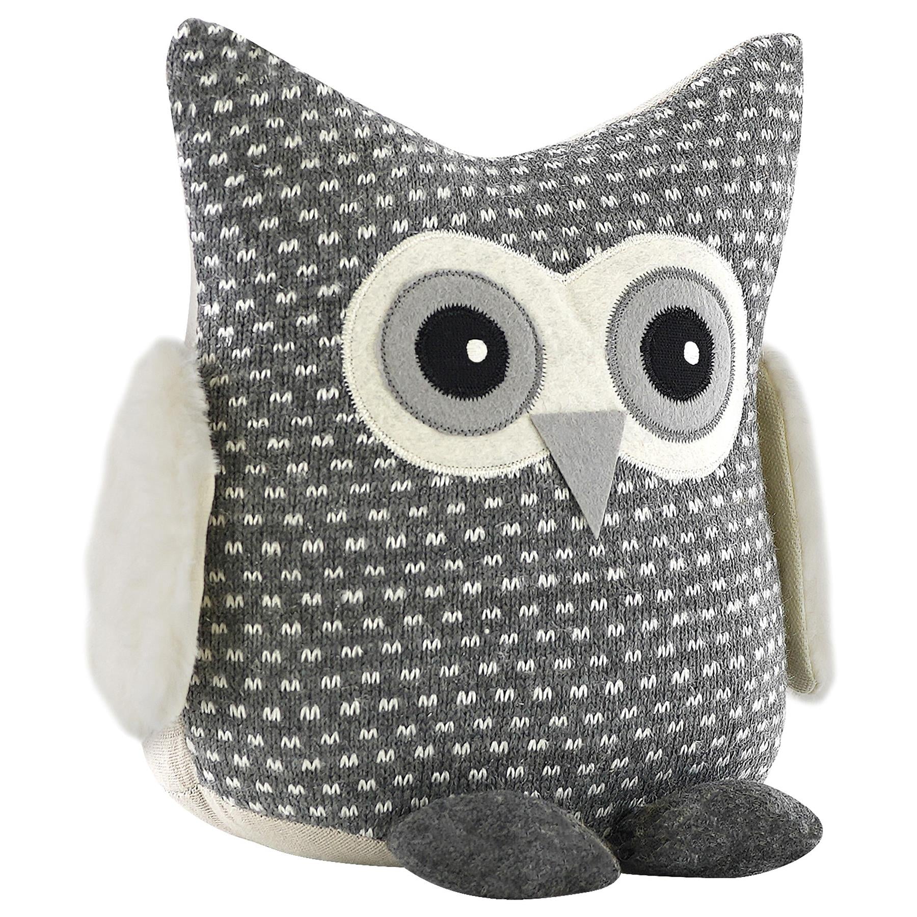 A plush, grey owl with a knitted body and soft, white, fluffy wings. The owl's eyes are large and round, with black pupils and grey, white, and grey-tinged grey-eyes. The owl's beak is small and grey. The background is white. - The Magic Toy Shop