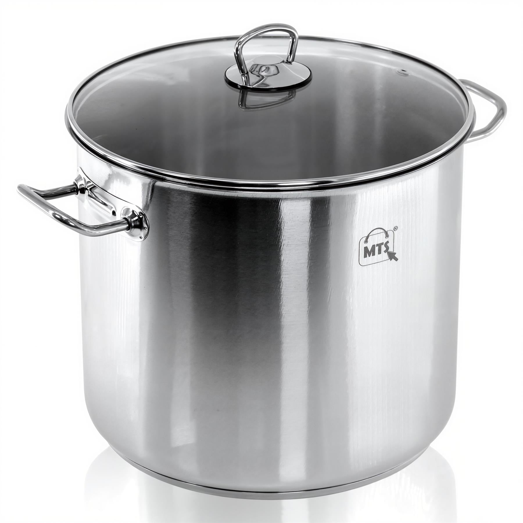 Large stainless steel stockpot featuring a transparent glass lid and two side carrying handles.