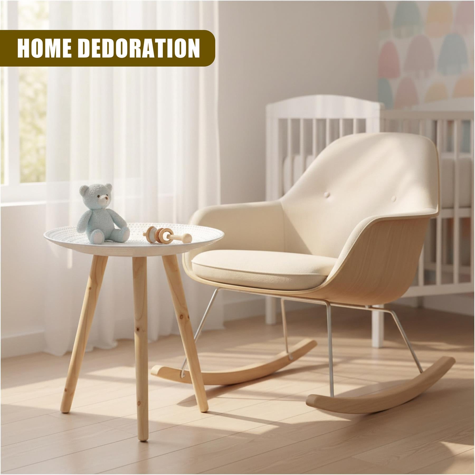 A round white side table with tapered wooden legs sits near a beige rocking chair.
