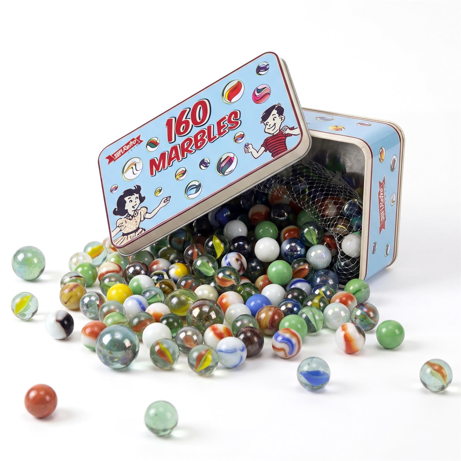 Open tin box filled with many assorted, colorful glass marbles scattered on a surface.