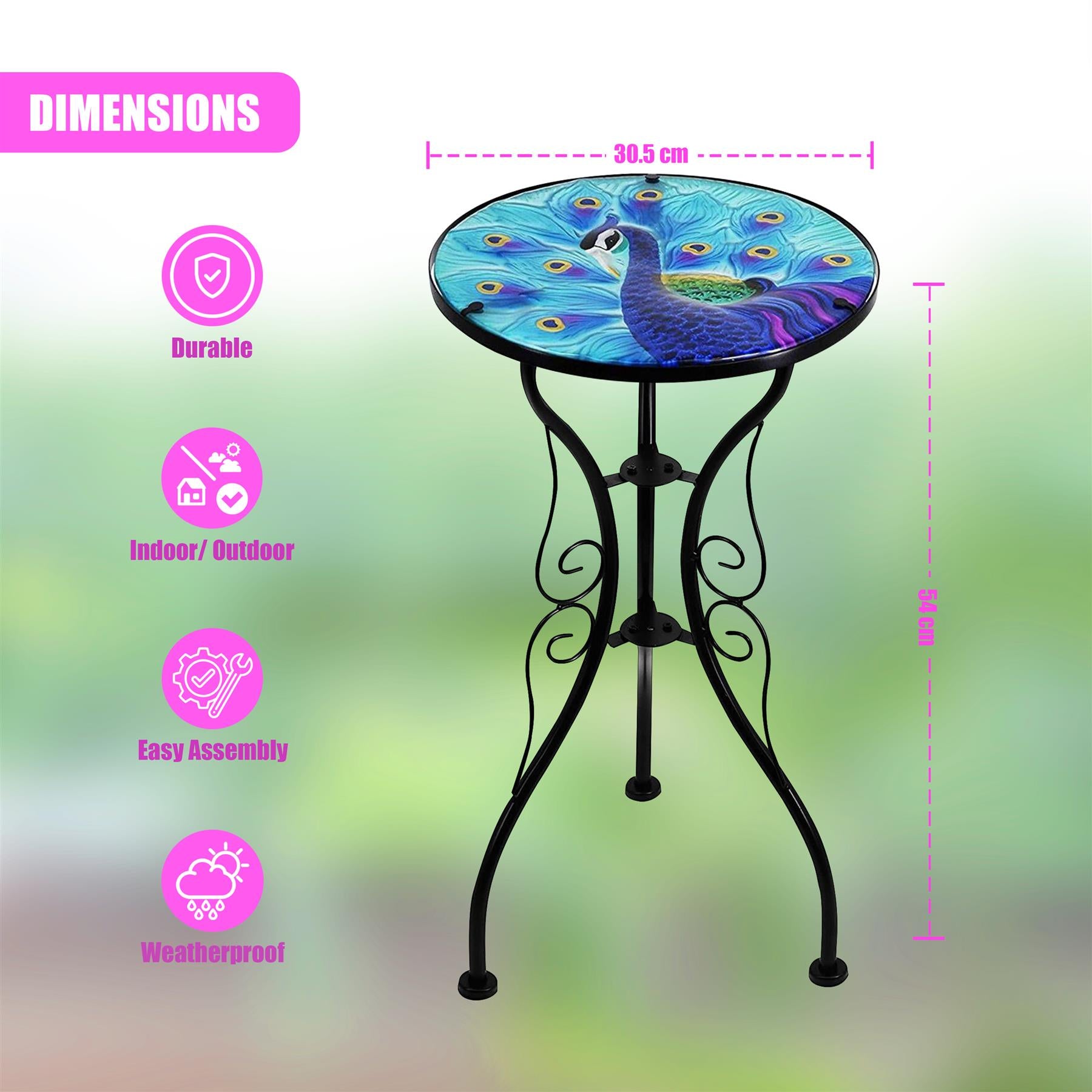 Round Side Mosaic Garden Table With Blue Peacock Design by Geezy - The Magic Toy Shop