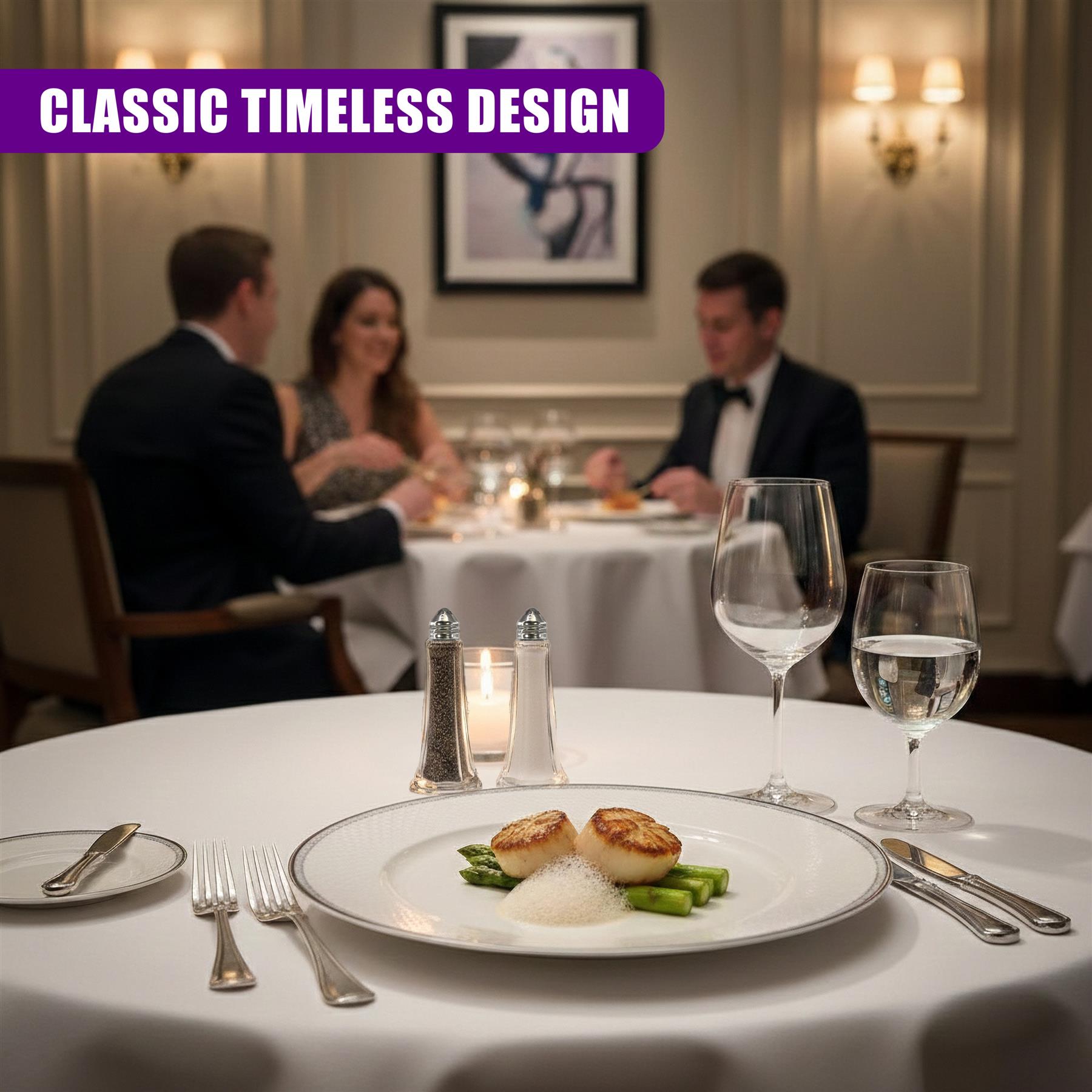 Salt and pepper shakers are displayed on a dining table setting with plates and cutlery.