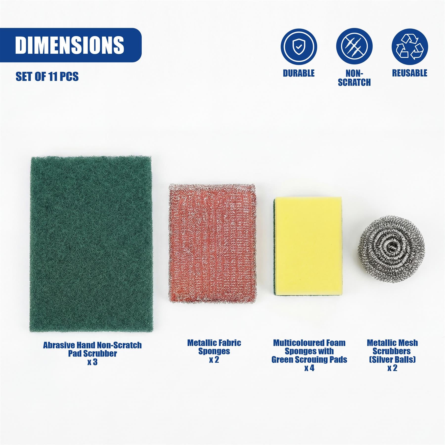 The set shows abrasive green pads, red fabric sponges, yellow foam scourers, and grey mesh scrubbers.