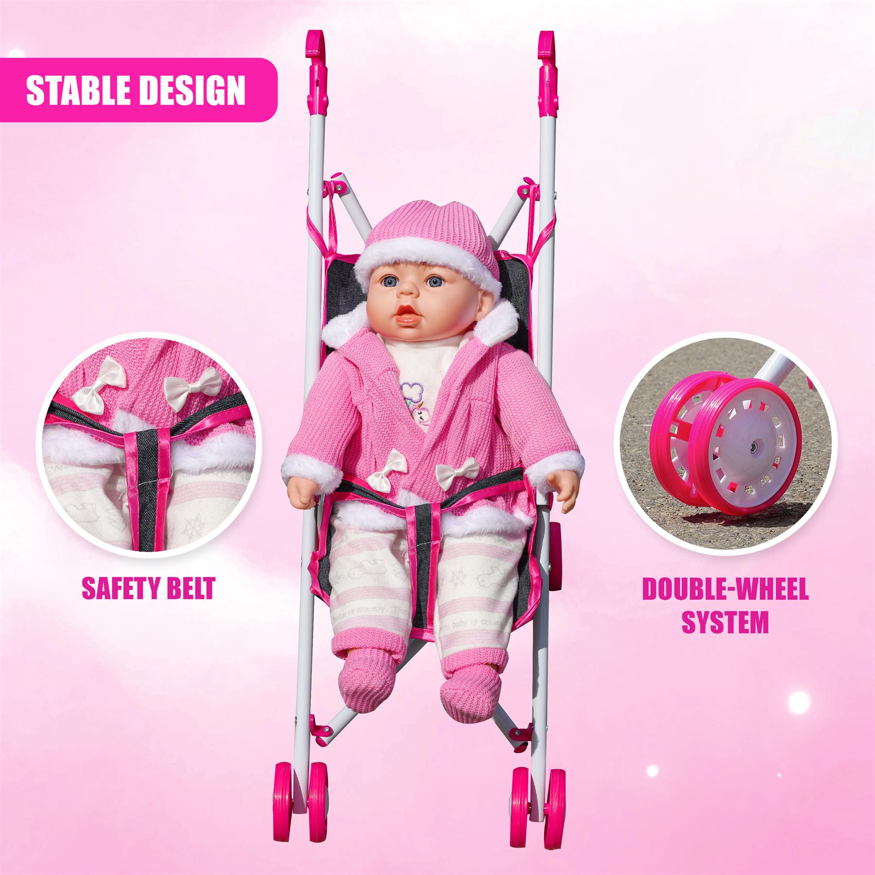 Pink Baby Doll Foldable Stroller by BiBi Doll - The Magic Toy Shop