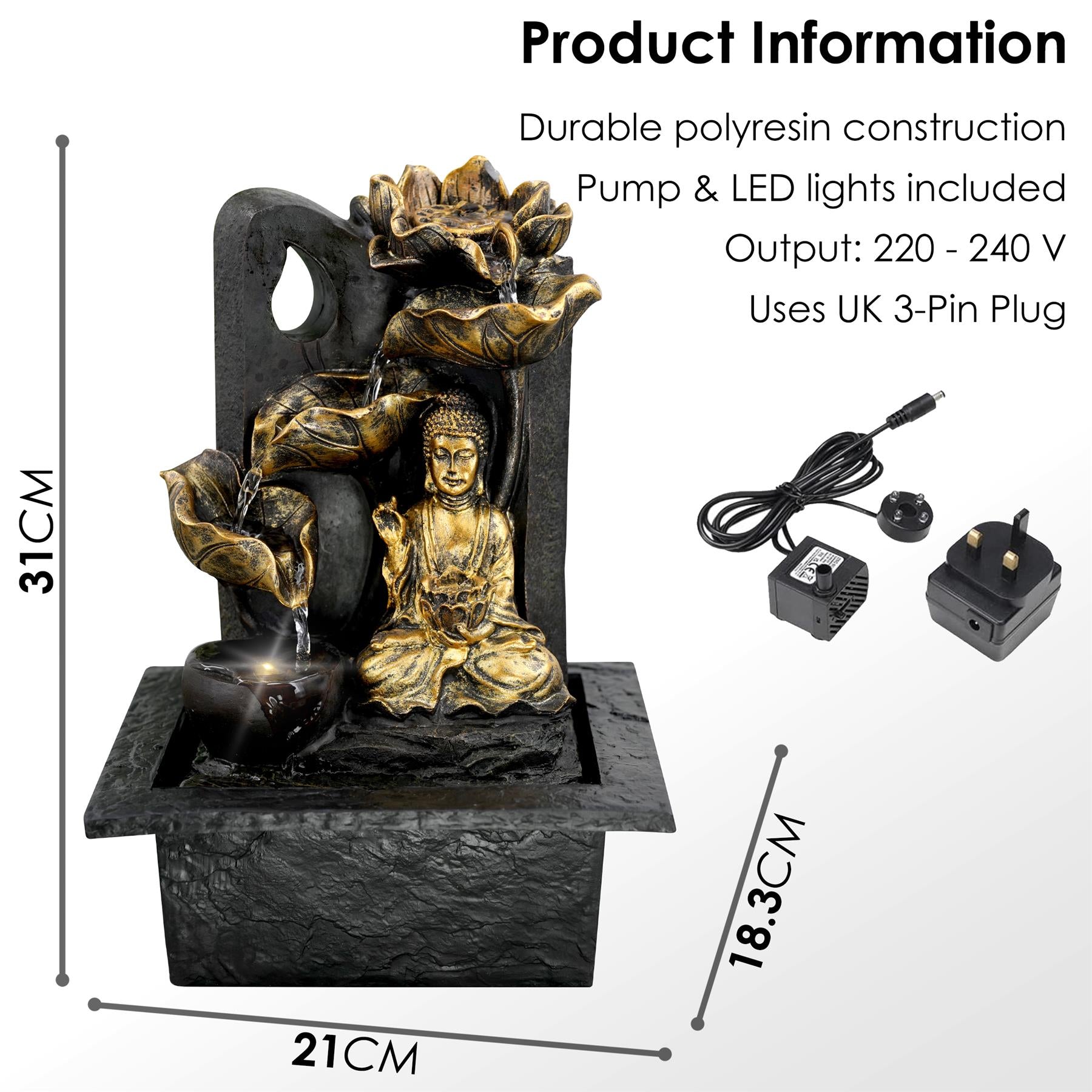 Buddha Water Feature Indoor With LED by GEEZY - The Magic Toy Shop
