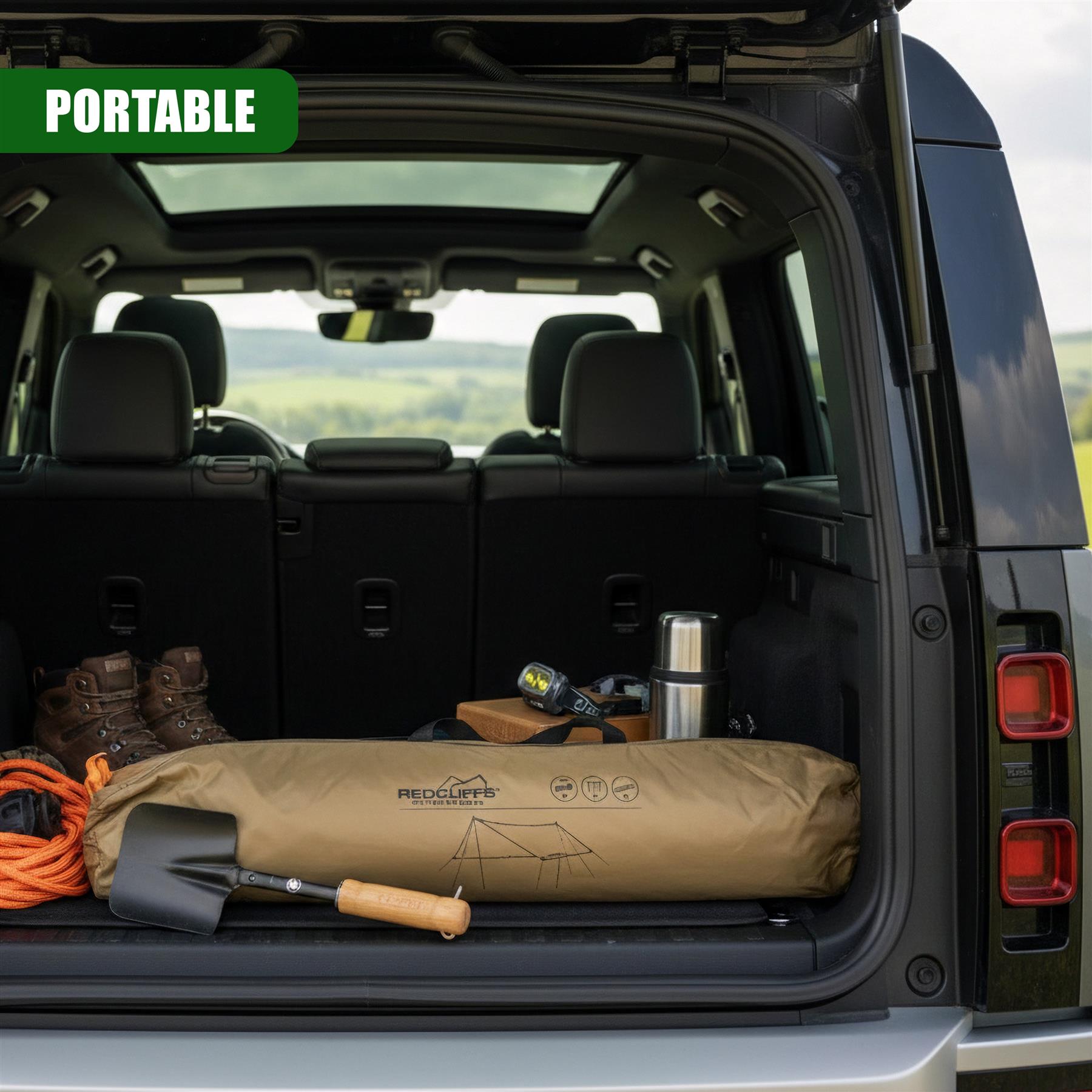 Camping gear stored in a vehicle, including a tarp, shovel, poles, and small metal containers.