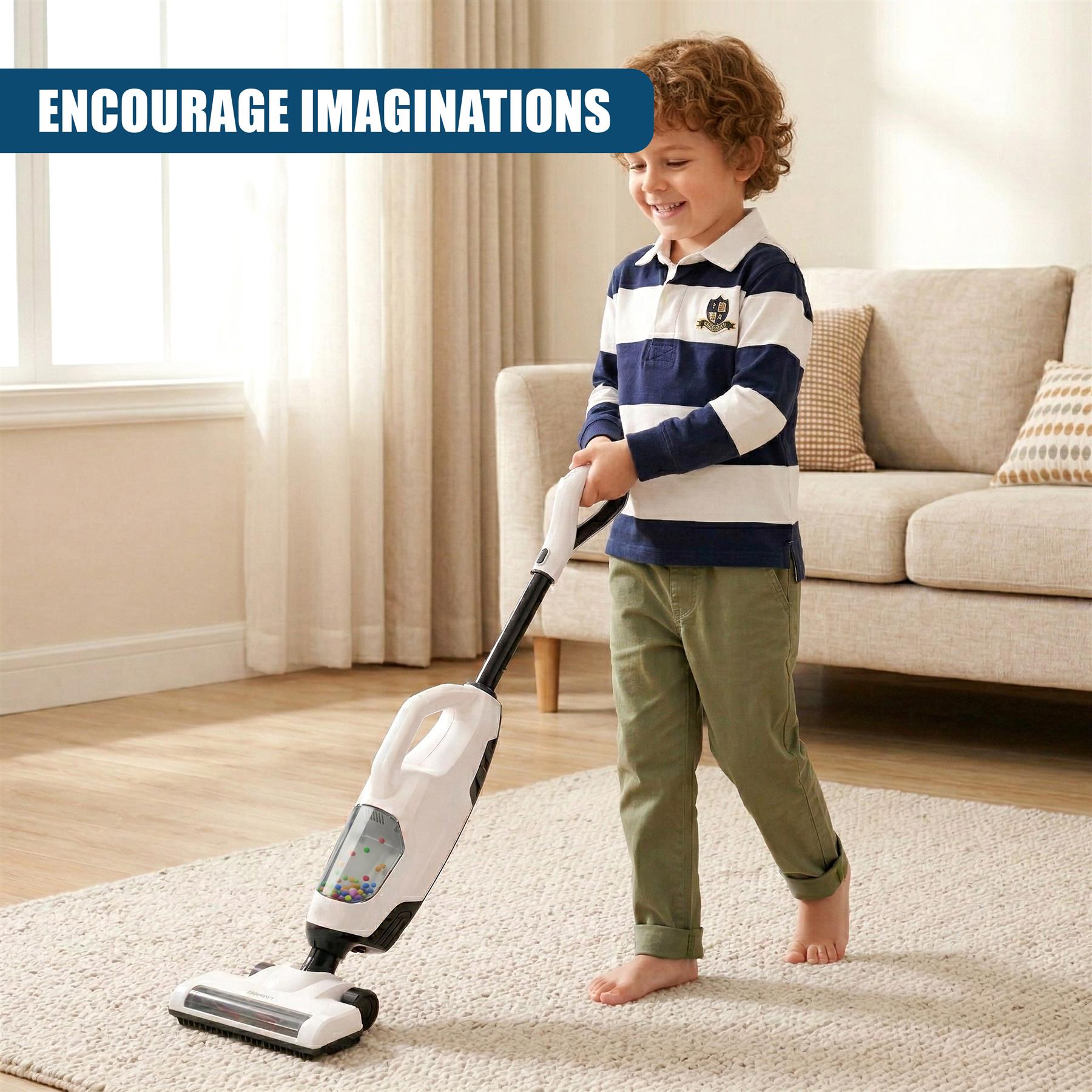 Boy using a toy vacuum cleaner on a carpet while standing in a bright living room.