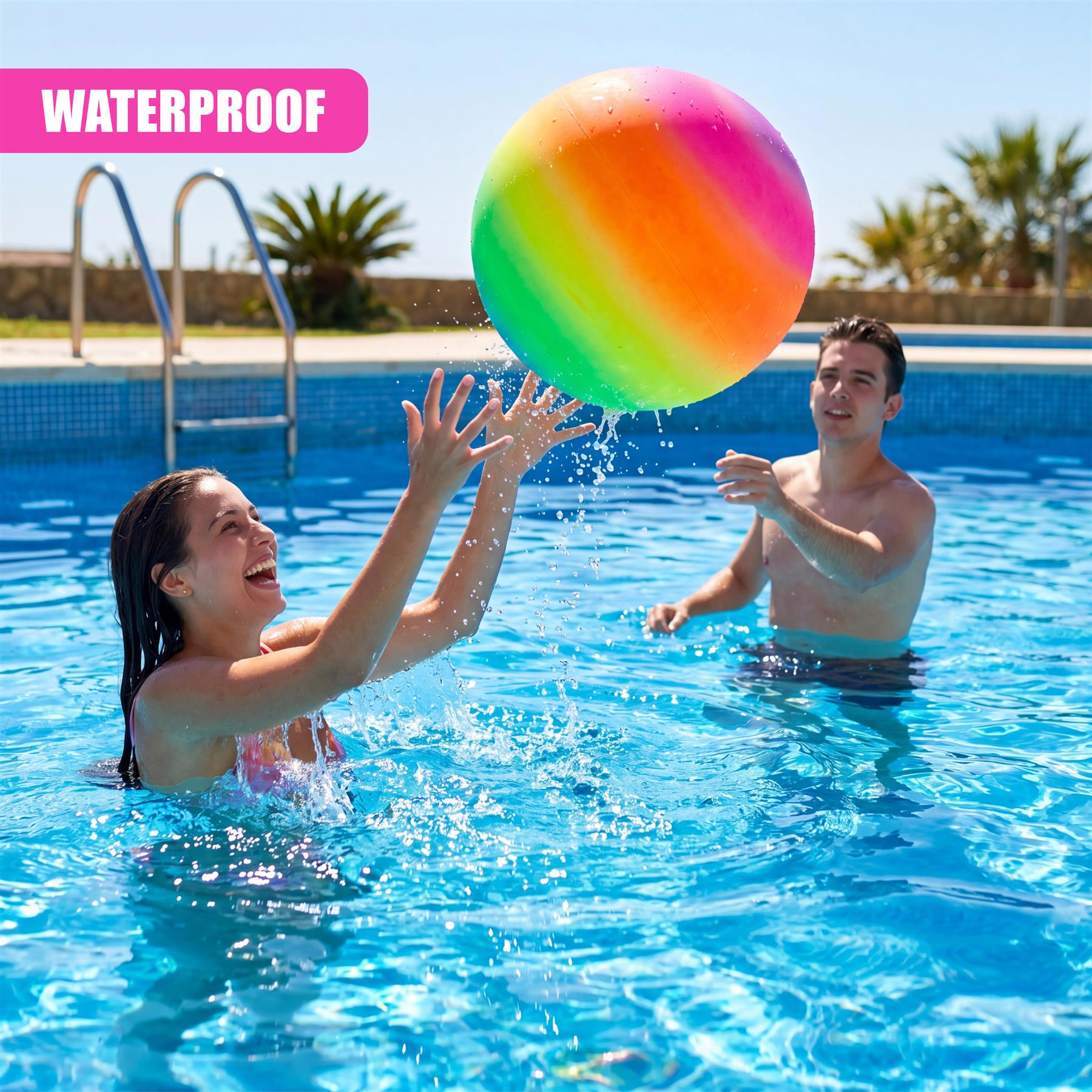 Two people in a pool interact with a large, rainbow-colored spherical ball.