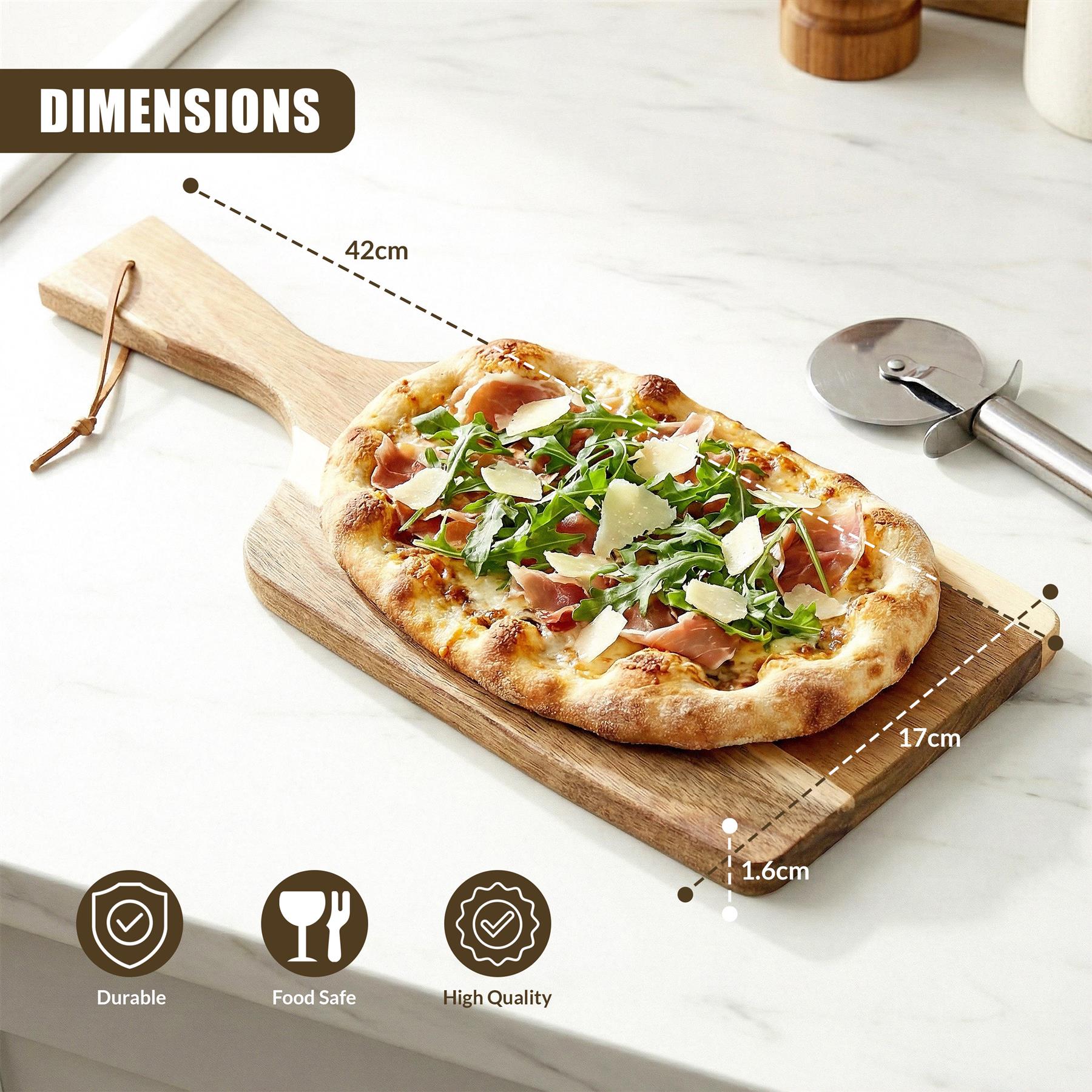 An acacia wood paddle board displays a pizza, resting on a white marble countertop.