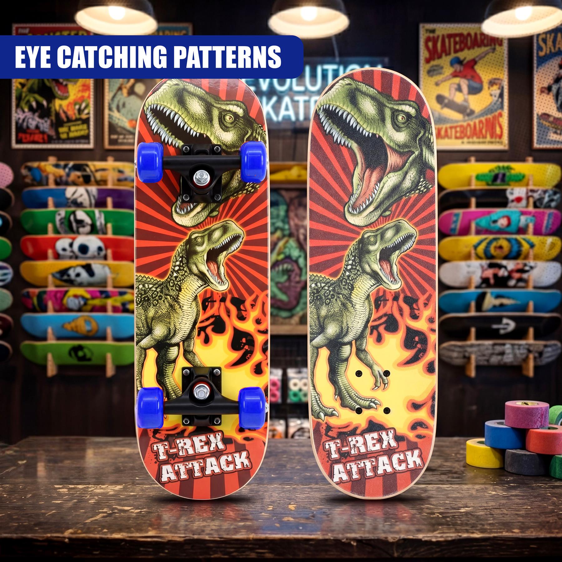 Two skateboards with red and black designs of T-Rex skeletons and flames.