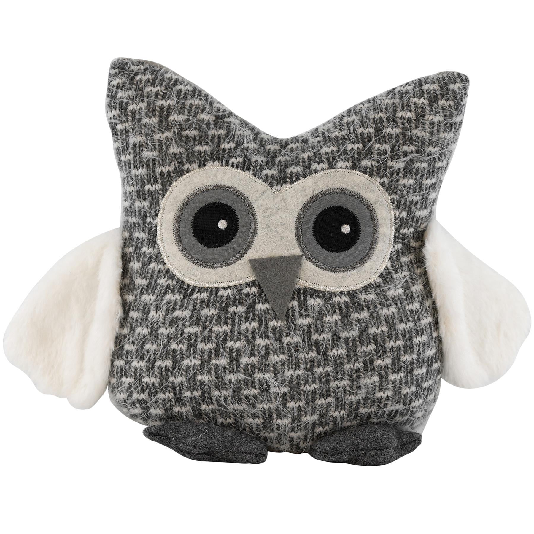 A soft, grey and white owl plush toy with big, round eyes and a cute, stitched-on face. It has a fluffy, white tail and wings, and its body is made of a soft, grey and white tweed-like material. The owl has a small, grey beak and a tiny, stitched-on, grey and white patterned . - The Magic Toy Shop
