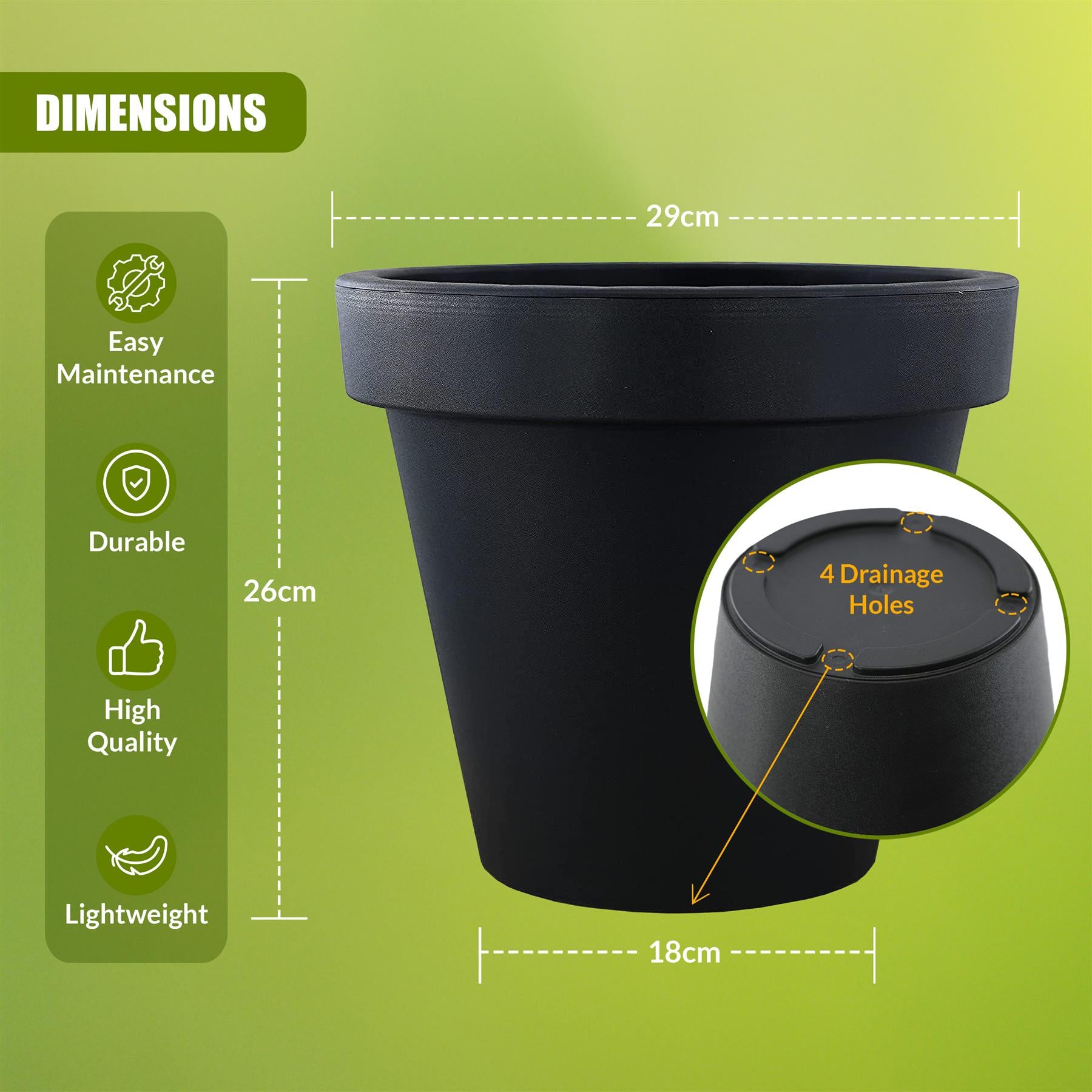 A black plastic flower pot with a wide base and a slightly narrower top. The pot has a drainage hole at the bottom. The background is a bright, gradient green. - The Magic Toy Shop