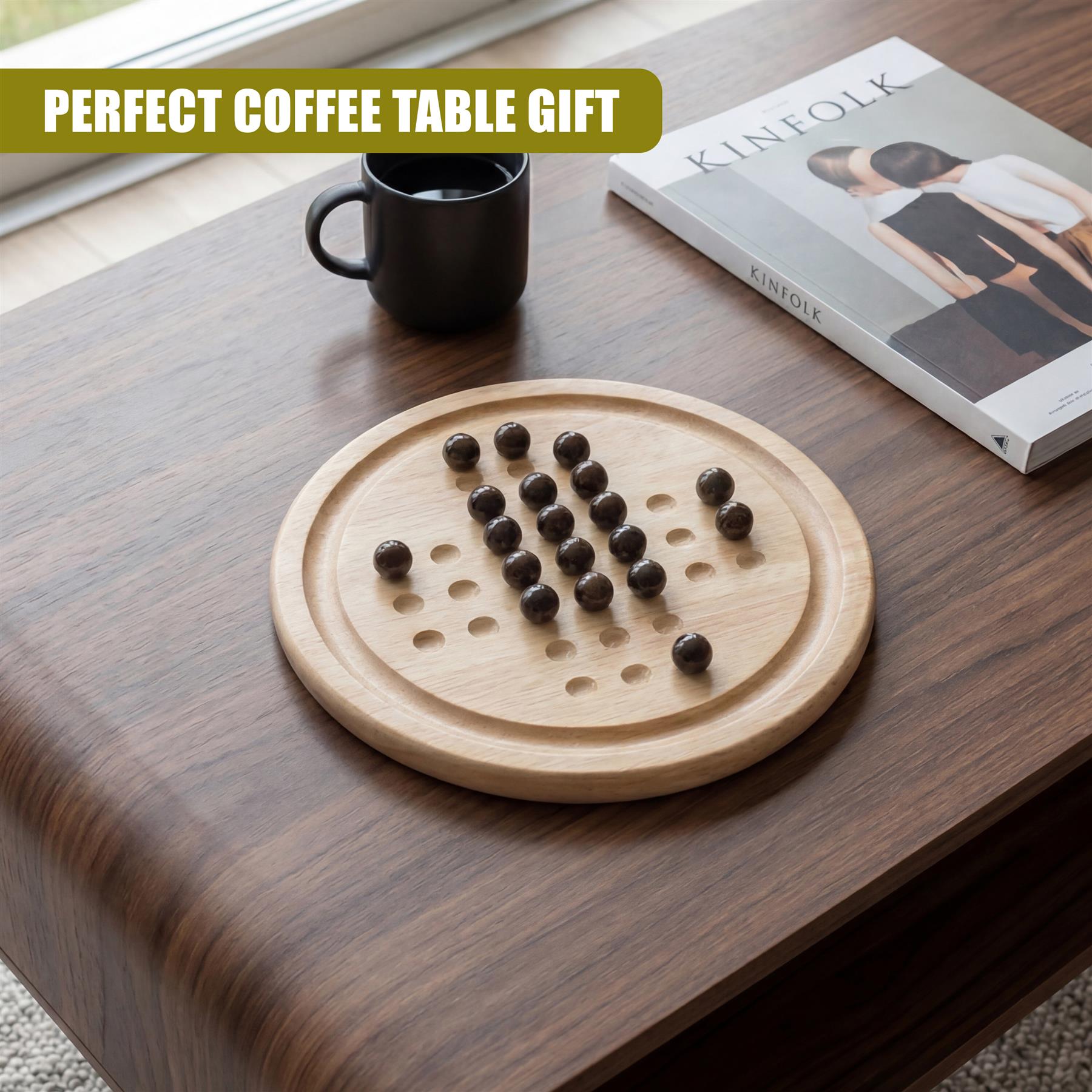 A circular wooden solitaire game board is displayed with dark wooden playing tokens.