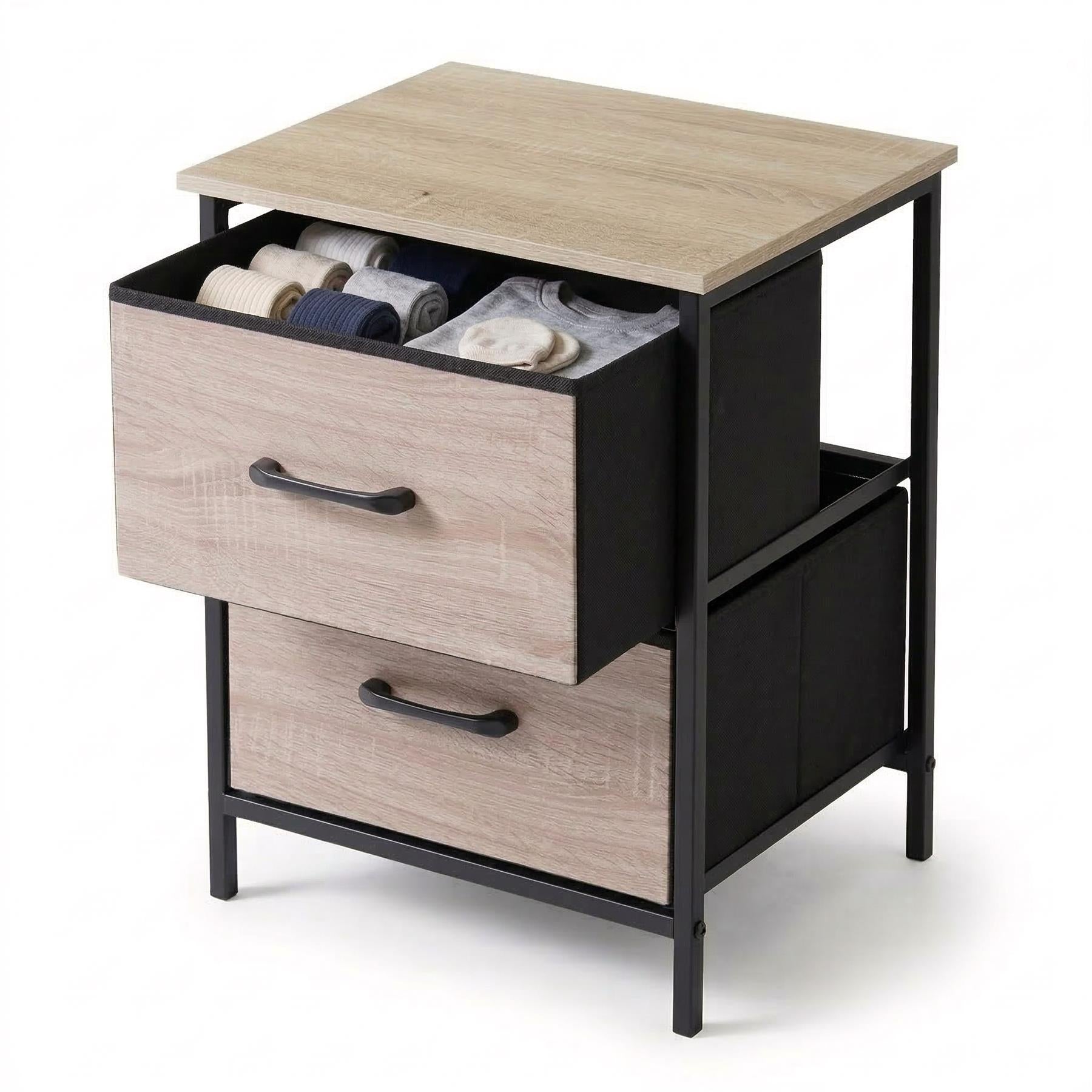 Stacked drawers unit with light wood top, black metal frame, and open lower storage section.
