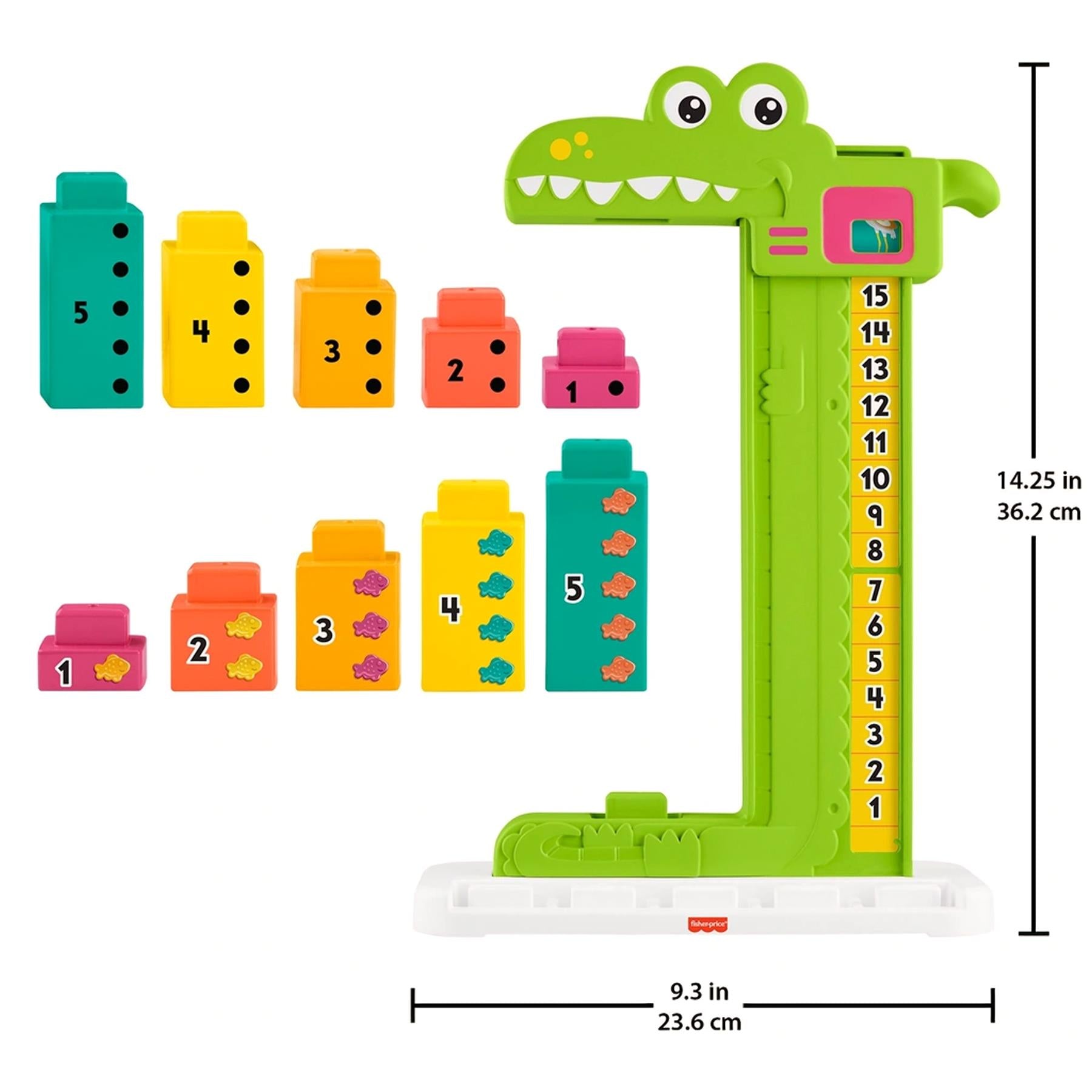 The math toy includes a green alligator counter and multiple colorful blocks showing numbers one through five.