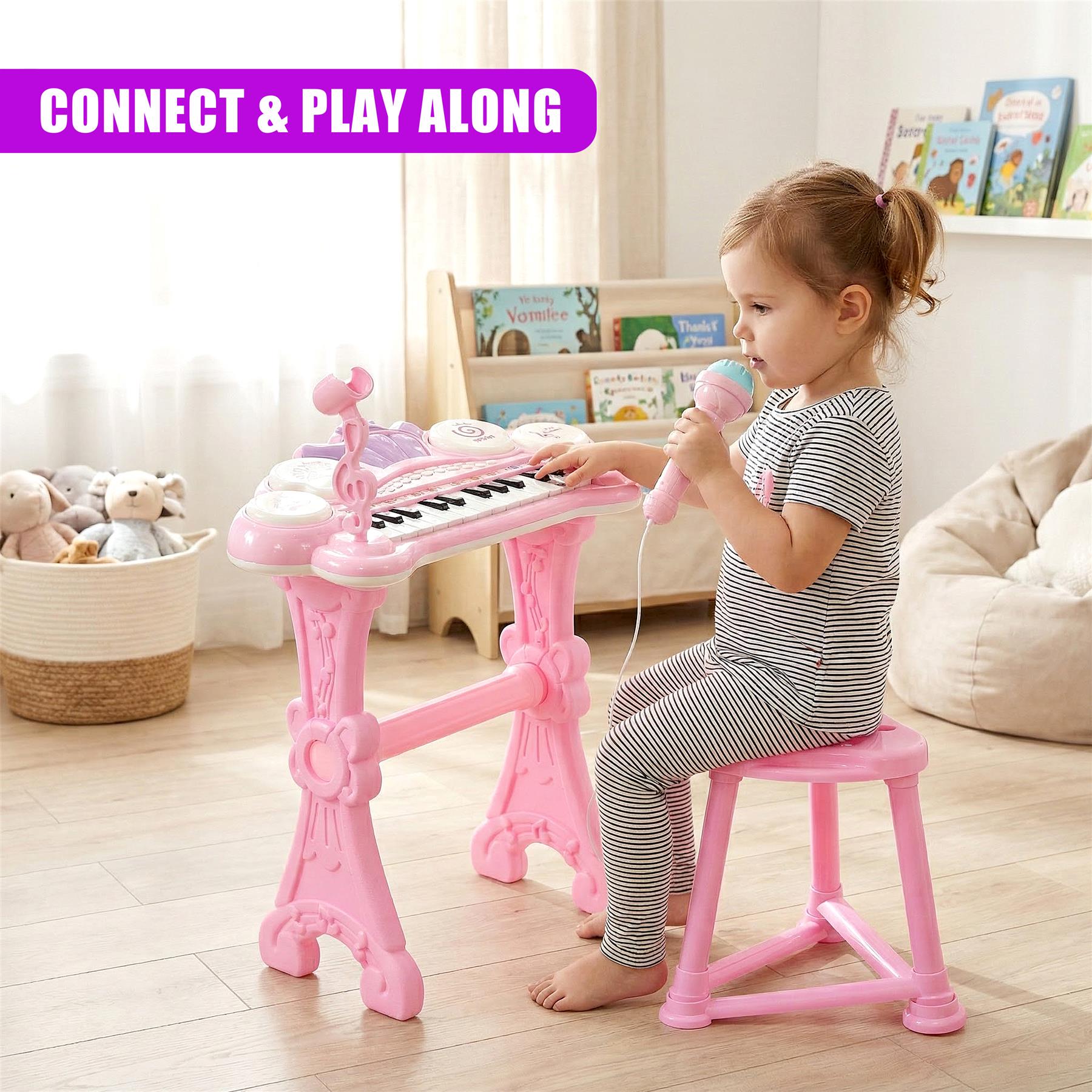 Pink Piano Toy with Microphone and Stool