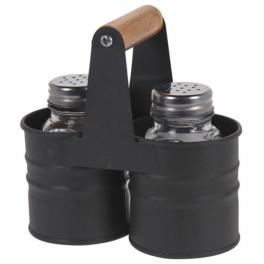 A set of two salt and pepper shakers in a black metal holder with a wooden handle. The shakers have silver metal tops with holes for seasoning. They sit in a black metal bucket with a wooden handle for easy transport. - The Magic Toy Shop