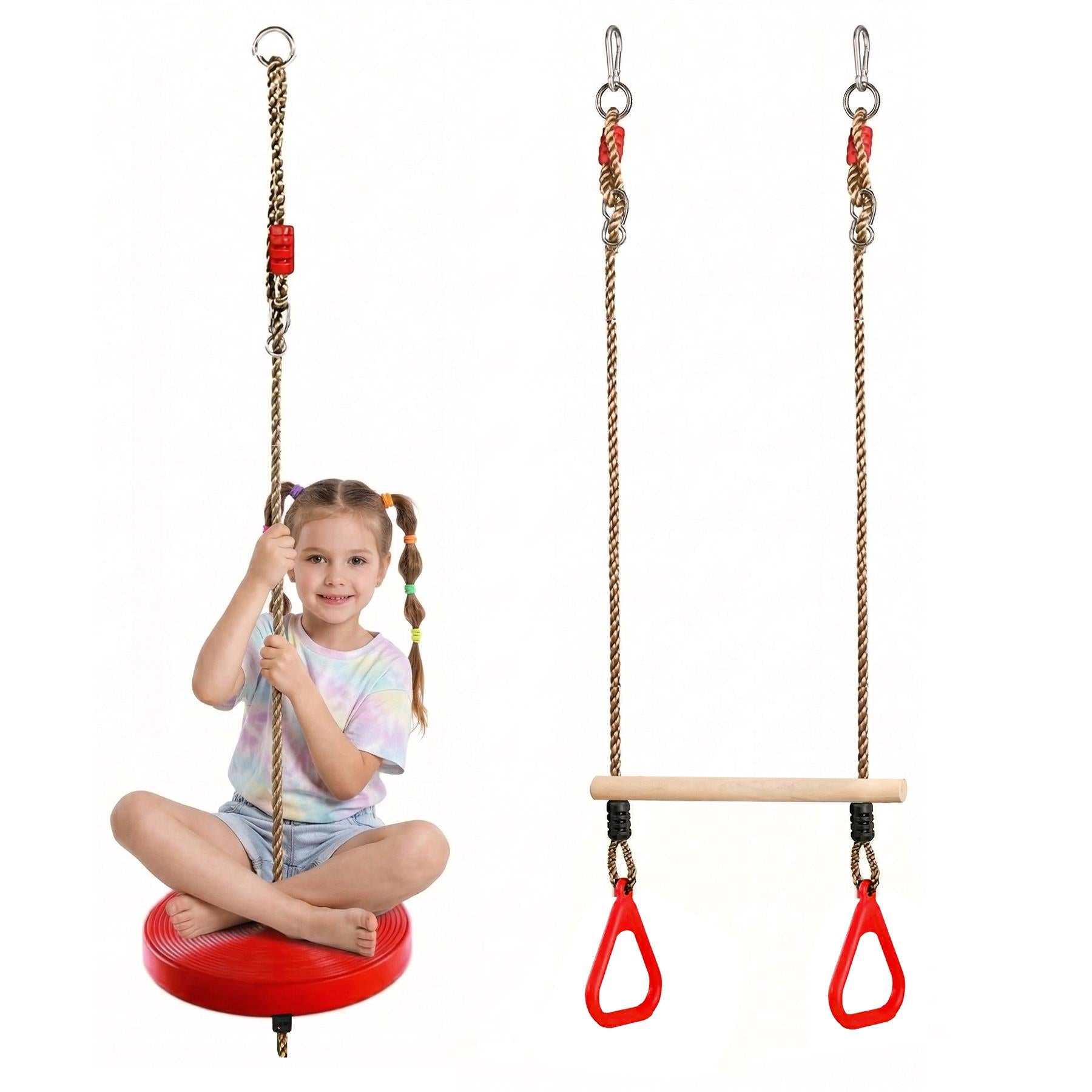 Swing set featuring a red seat, and two hanging ropes with a wooden bar and red rings.