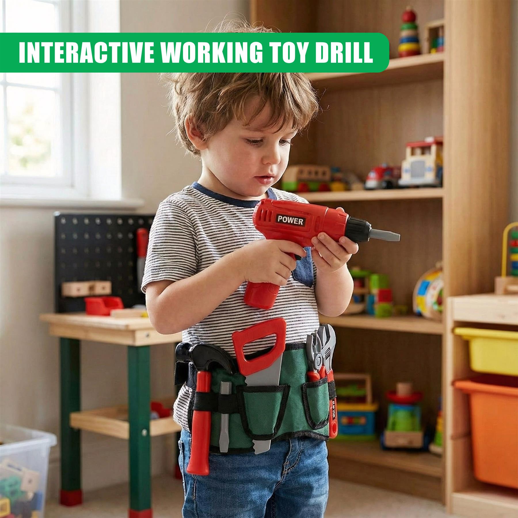 A young boy stands in a playroom, holding a red toy drill with a black and grey handle. He wears a green tool belt around his waist, complete with various toy tools. In the background, a workbench and shelves with toys and blocks are visible, with a window to the left. The boy's hair is messy, and he appears to be engrossed in his play. - The Magic Toy Shop