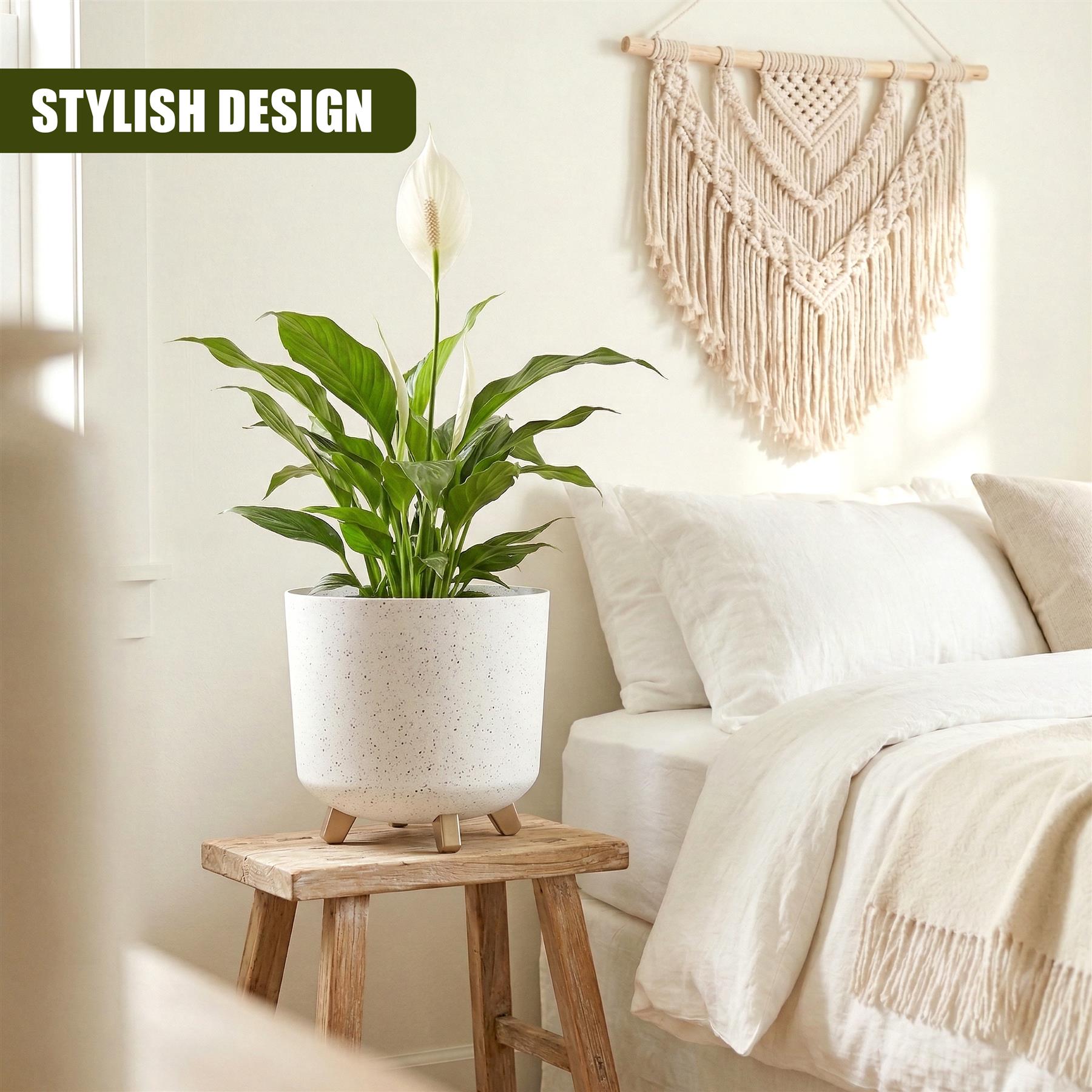 A green potted plant sits in a speckled white ceramic pot with wooden legs on a wooden side table.