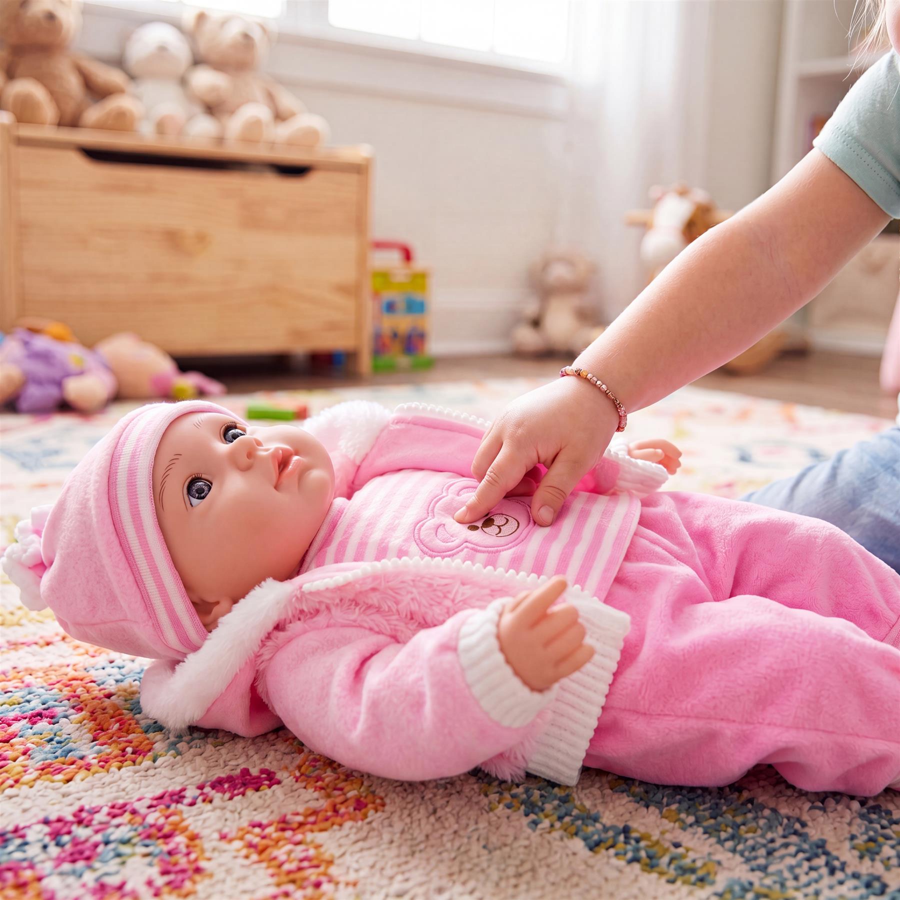 Large pink baby doll named Pinky from Little Bear, measuring fifty centimeters in height.