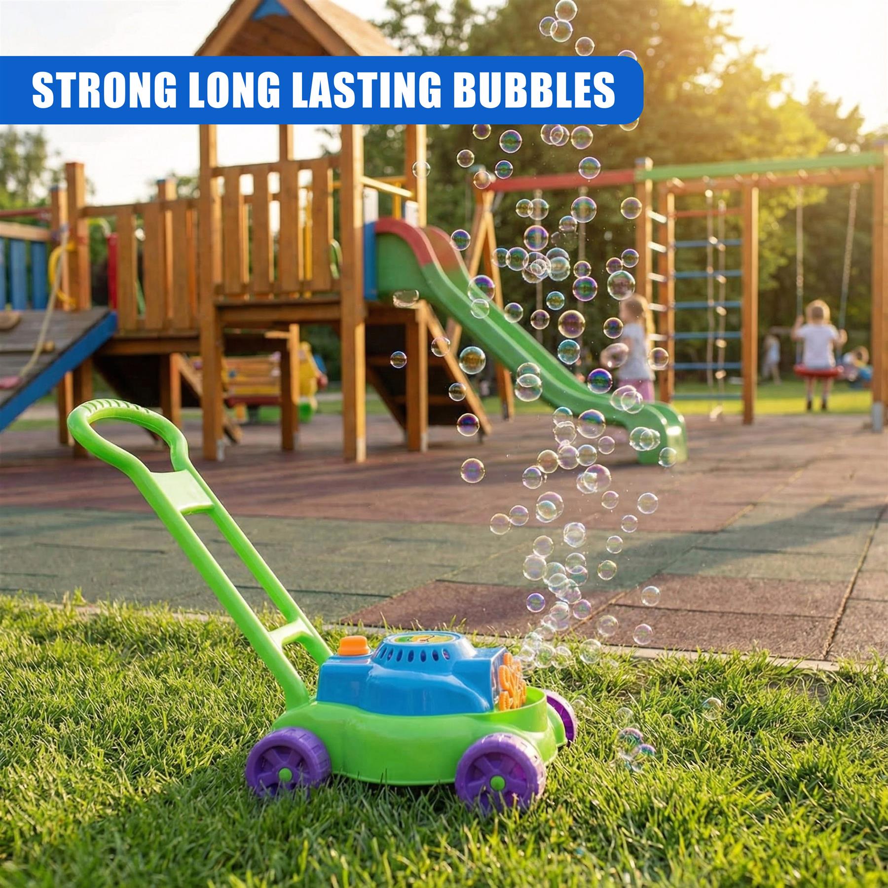 Green and blue bubble machine operating outdoors, releasing soap bubbles in front of a playground.