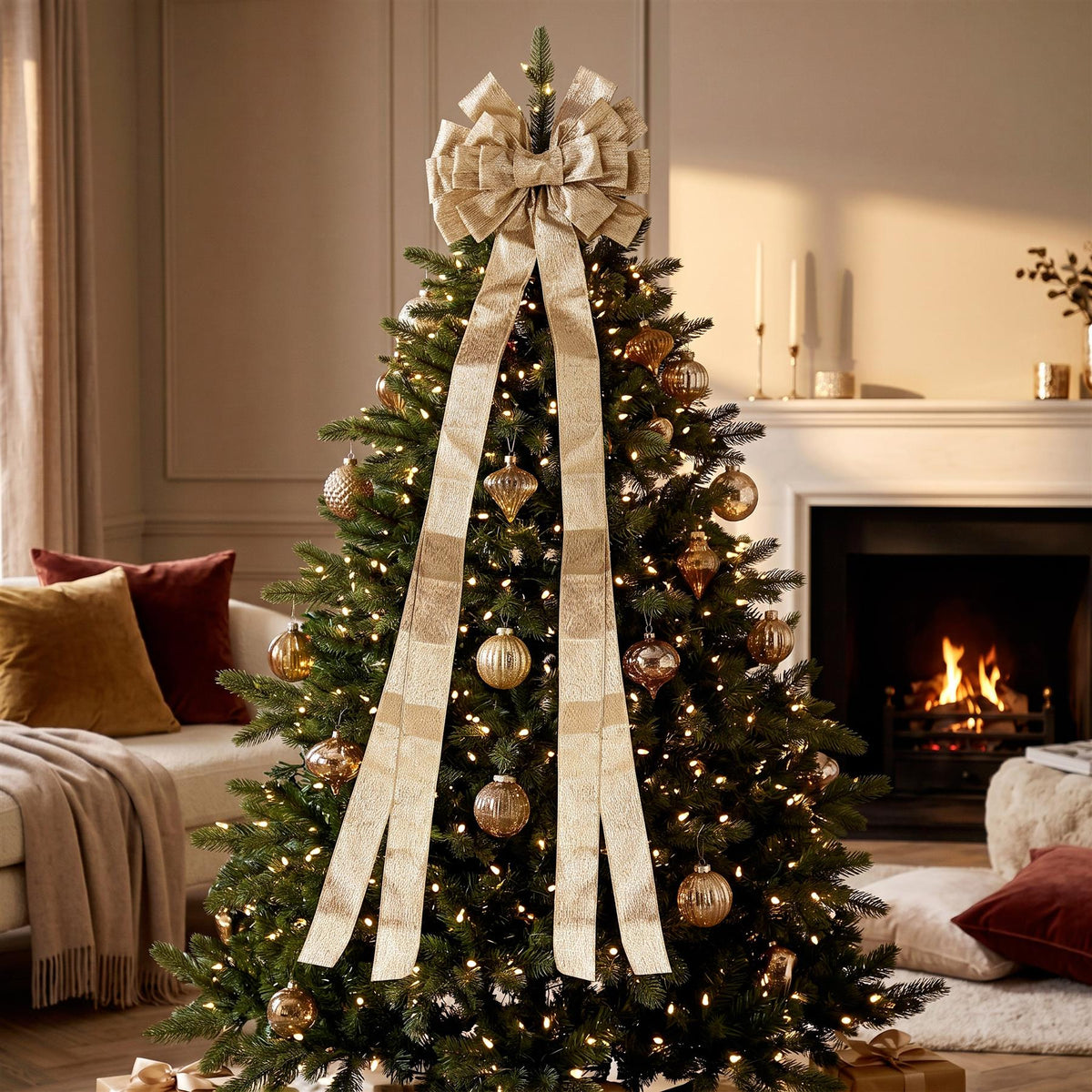 A gold Christmas tree bow topper by GEEZY sits atop a decorated fir tree
