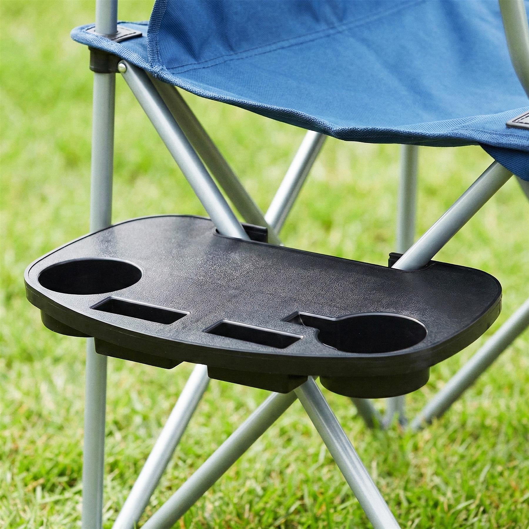 A portable, compact table with a tray and cup holders, designed for outdoor use. The table is made of durable, weather-resistant material and features a sturdy, foldable design. It has a flat, smooth surface and multiple compartments for holding cups, plates, and other items. The table is suitable for camping, picnics, and other outdoor activities. - The Magic Toy Shop