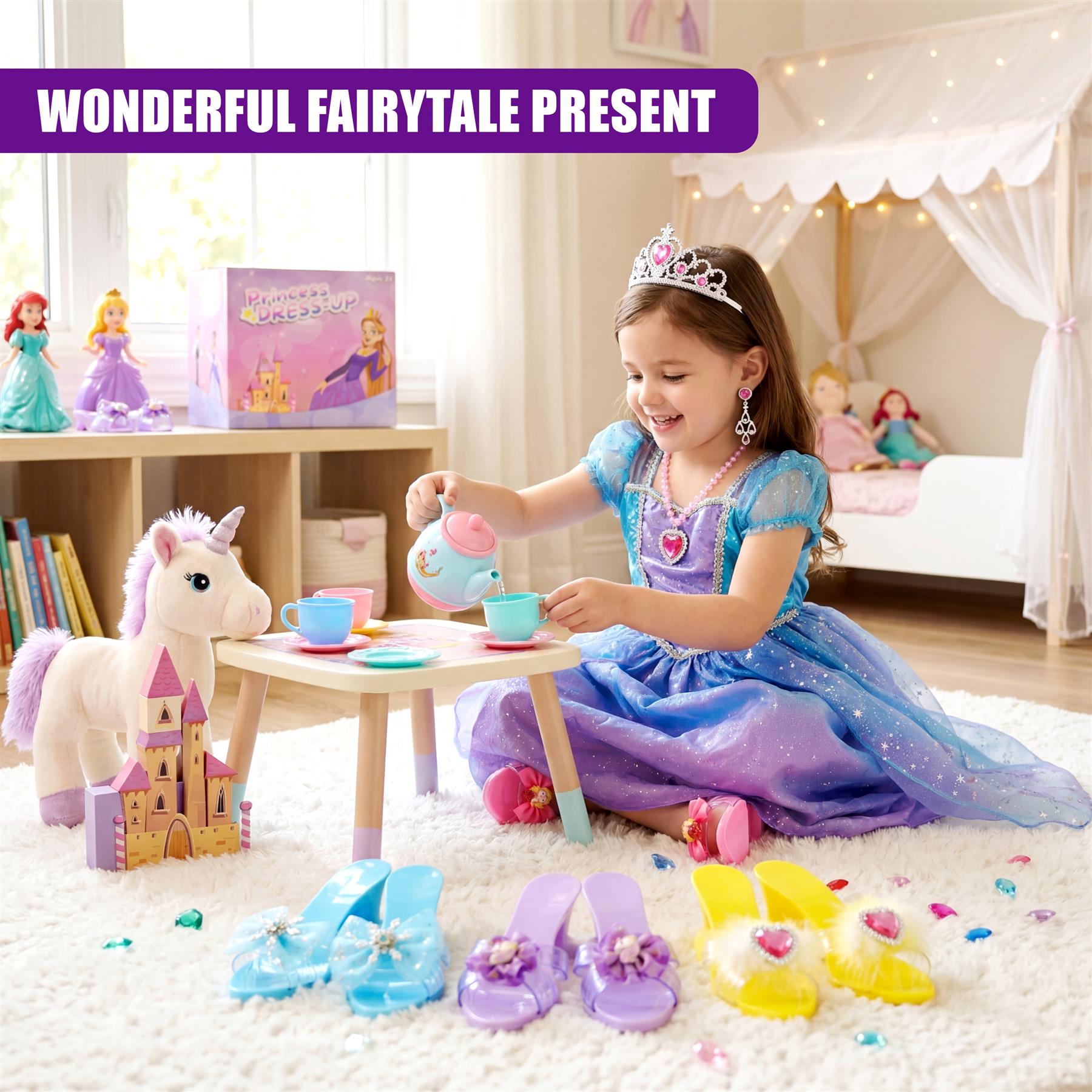 A girl plays with play shoes, a unicorn toy, and a wooden activity table indoors.