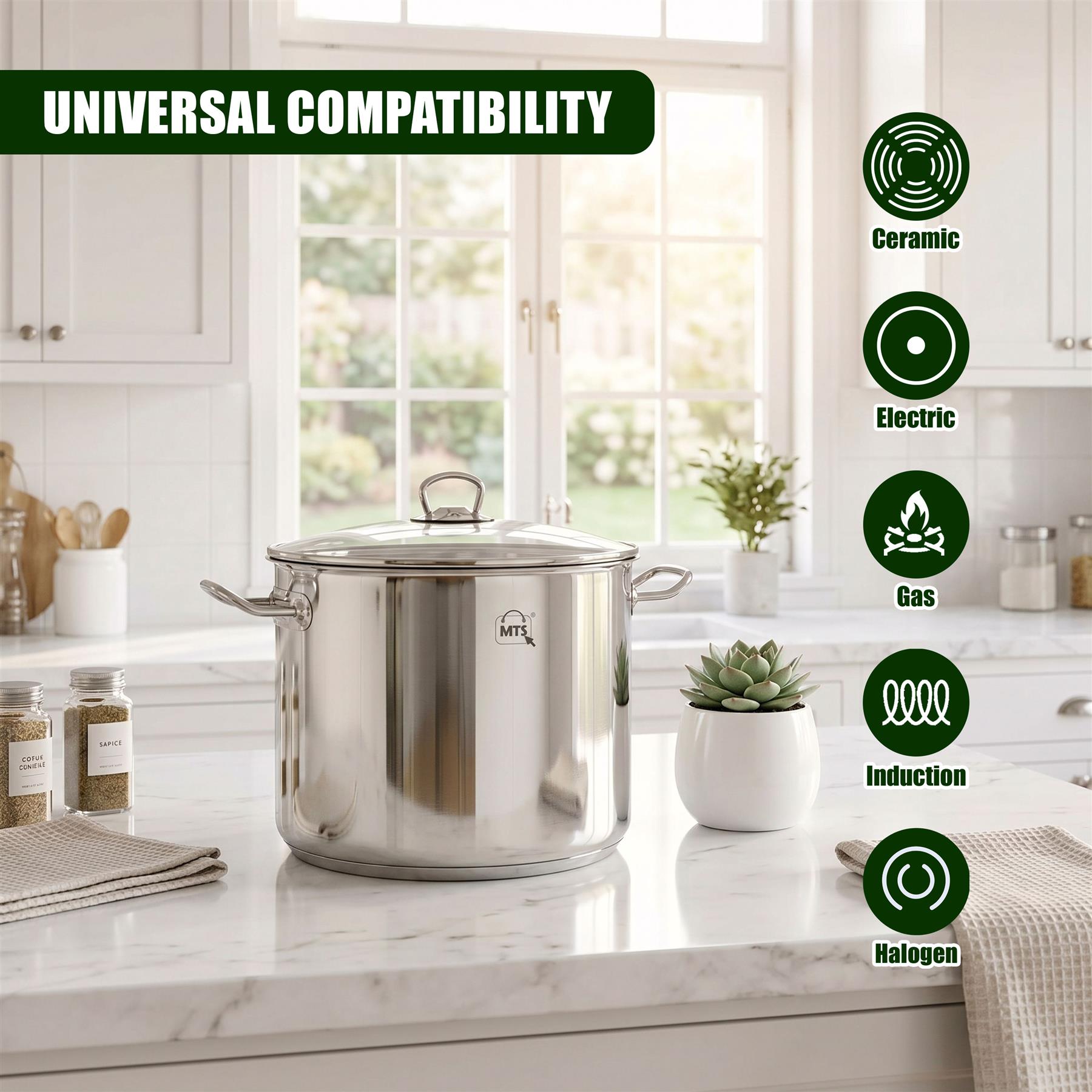 Stainless steel stockpot with glass lid shown on a counter, surrounded by various cooking compatibility icons.