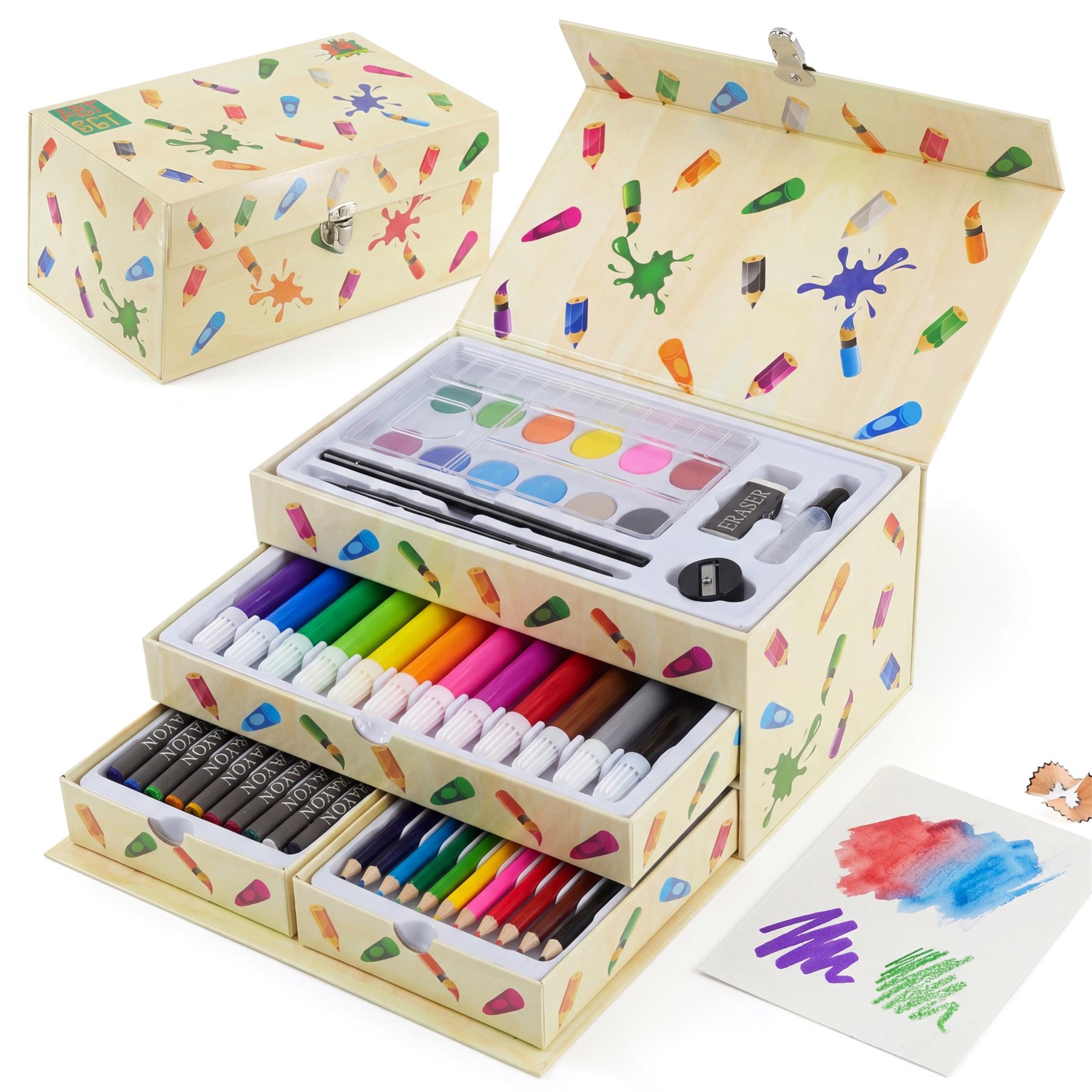 Open wooden art kit containing crayons, markers, paint palettes, and sample watercolor paper.