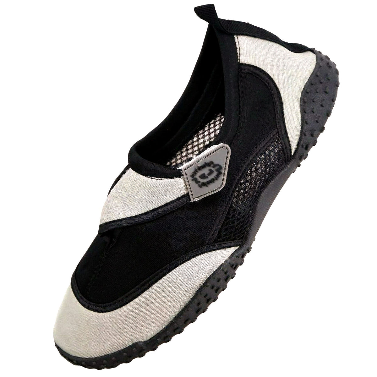 Grey GEEZY aqua shoes with black and white neoprene, mesh, and rubber sole