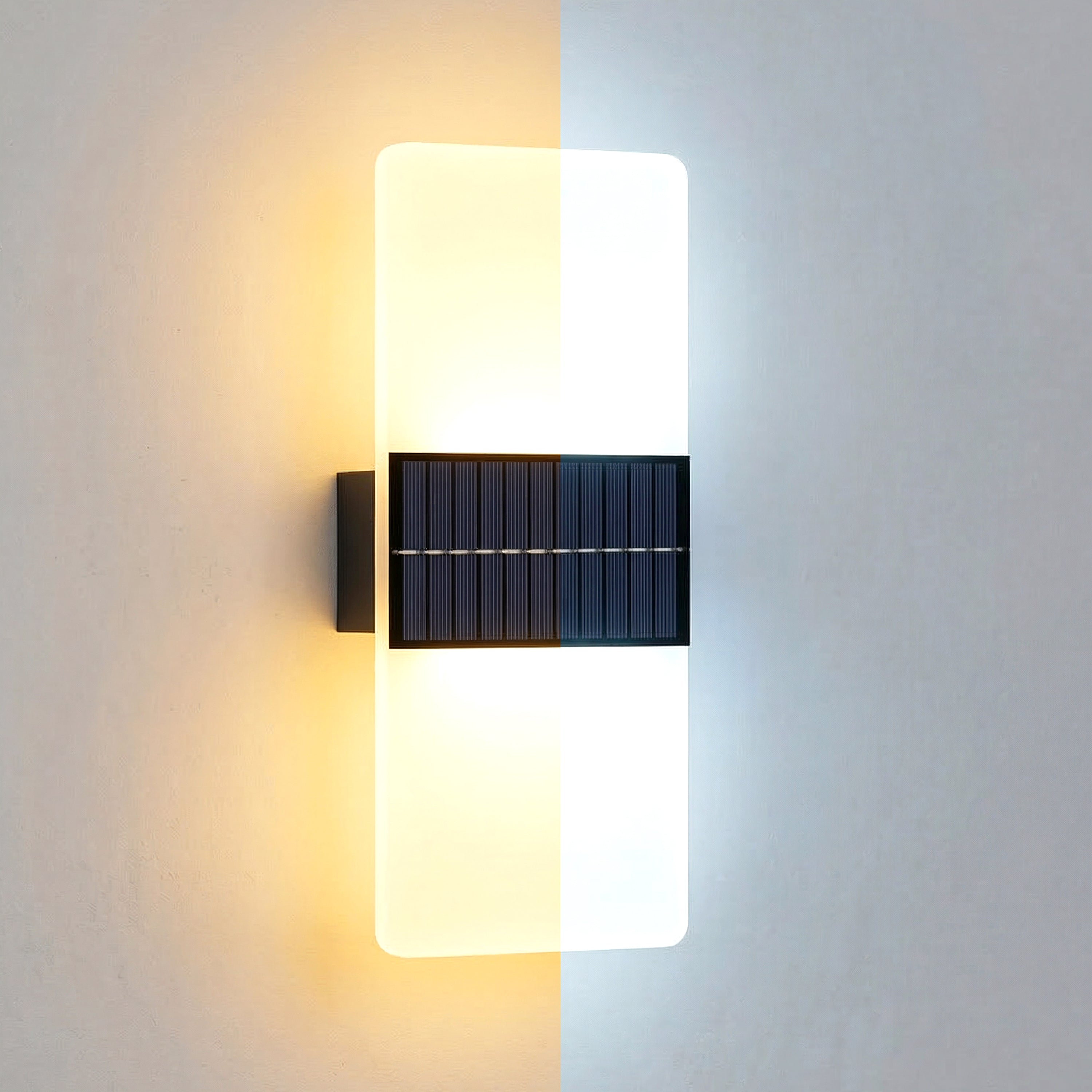 Illuminated vertical wall sconce featuring a rectangular diffuser and a central section of solar cells.