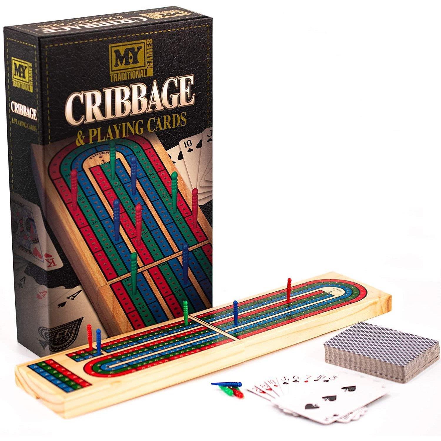 Wooden cribbage game board set includes a case, pegs, and playing cards.