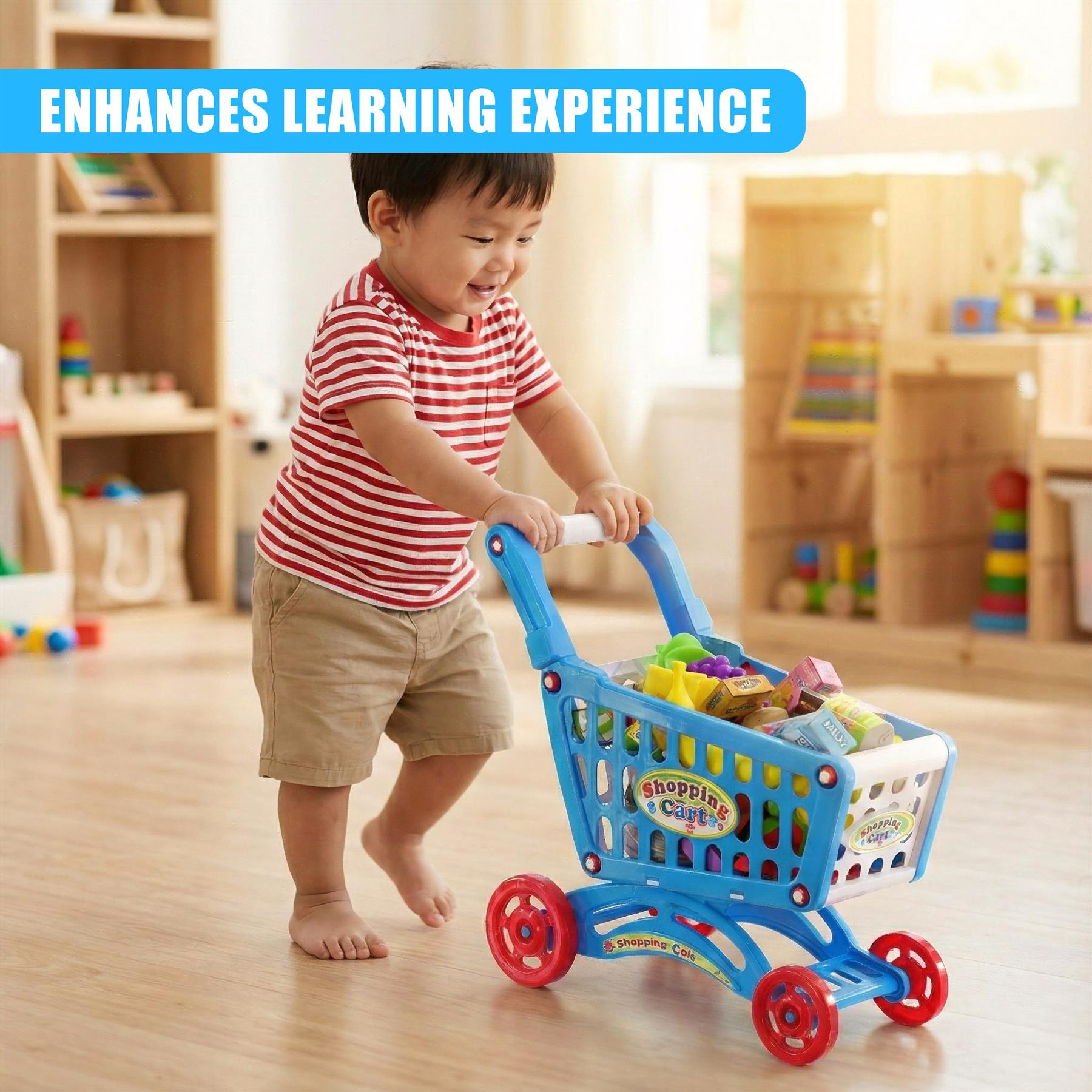 "Shopping trolley with food items, colorful and vibrant set, toddler's favorite toy, fun and engaging play experience." - The Magic Toy Shop