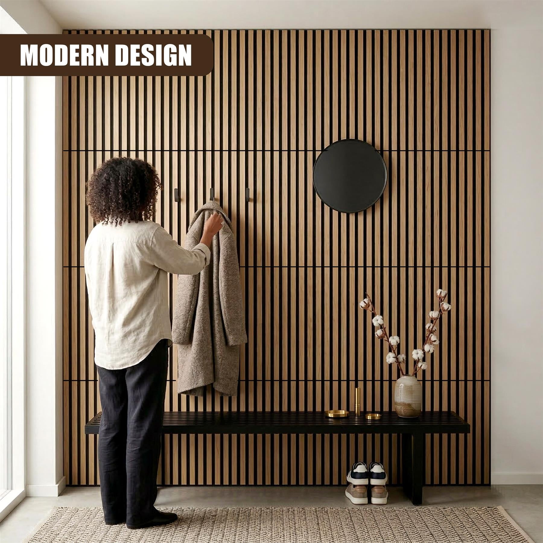 Vertical wood slatted panels display a console table, two circular mirrors, and decorative accessories.