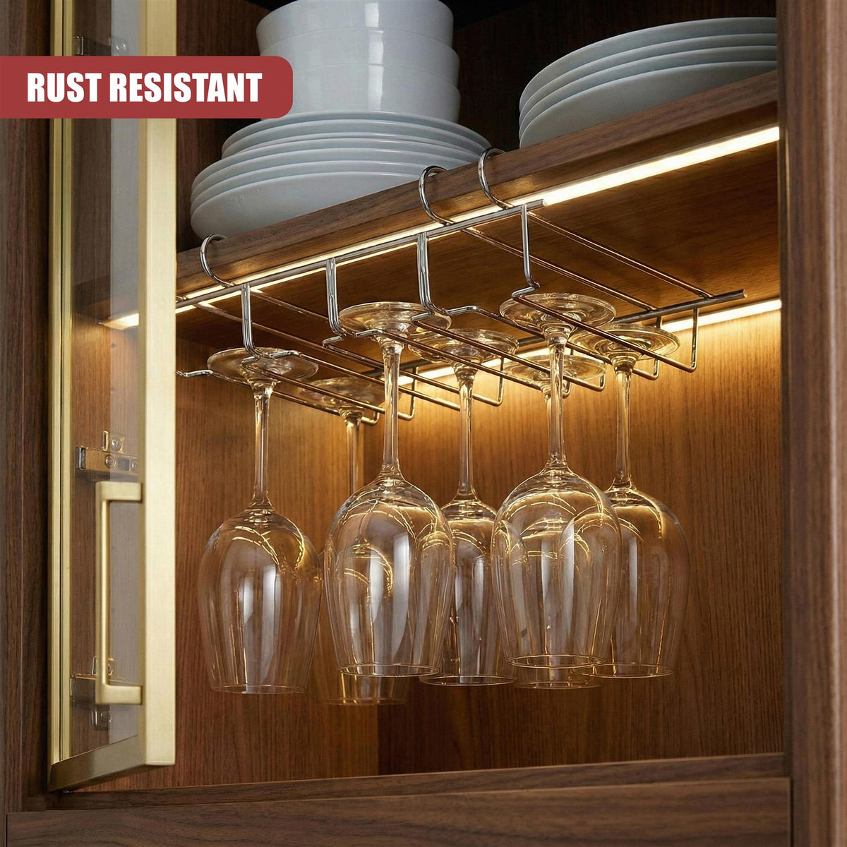 GEEZY Under Shelf Wine Glass Rack holds up to 12 wine glasses on a stainless steel shelf
